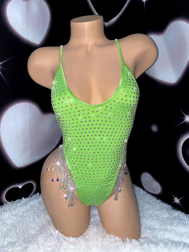 Iced out drip lime rhinestone one piece