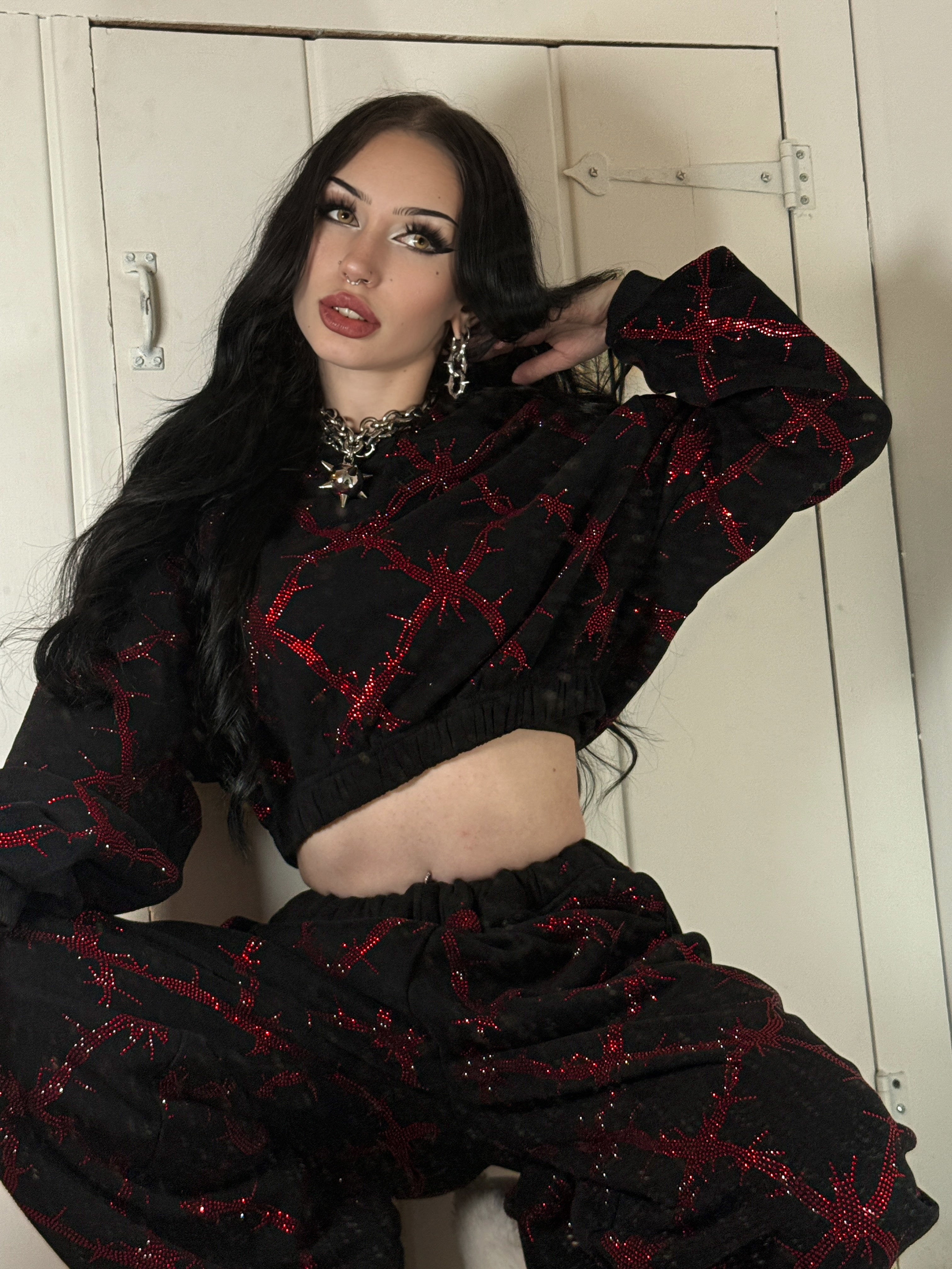 Barbed wire fence rhinestone crop hoodie