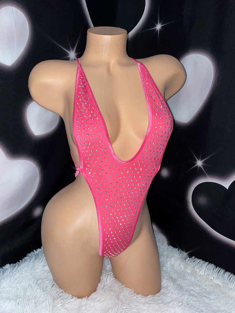Iced Out plunging rhinestone one piece pink
