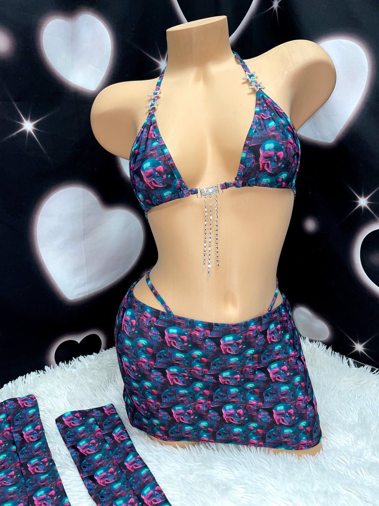 Virtual death sparkle bikini miniskirt sleeves set