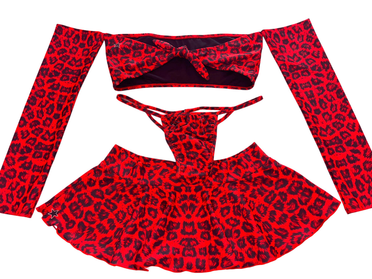 Red leopard bow sleeves skirt set