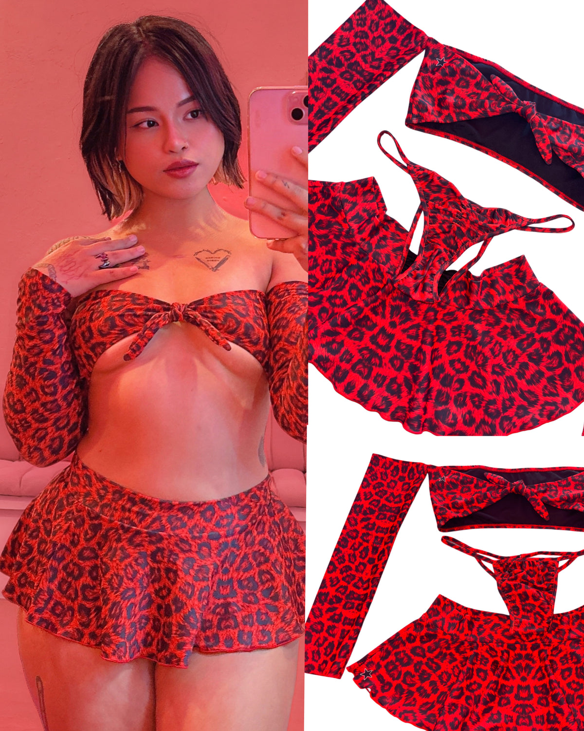 Red leopard bow sleeves skirt set