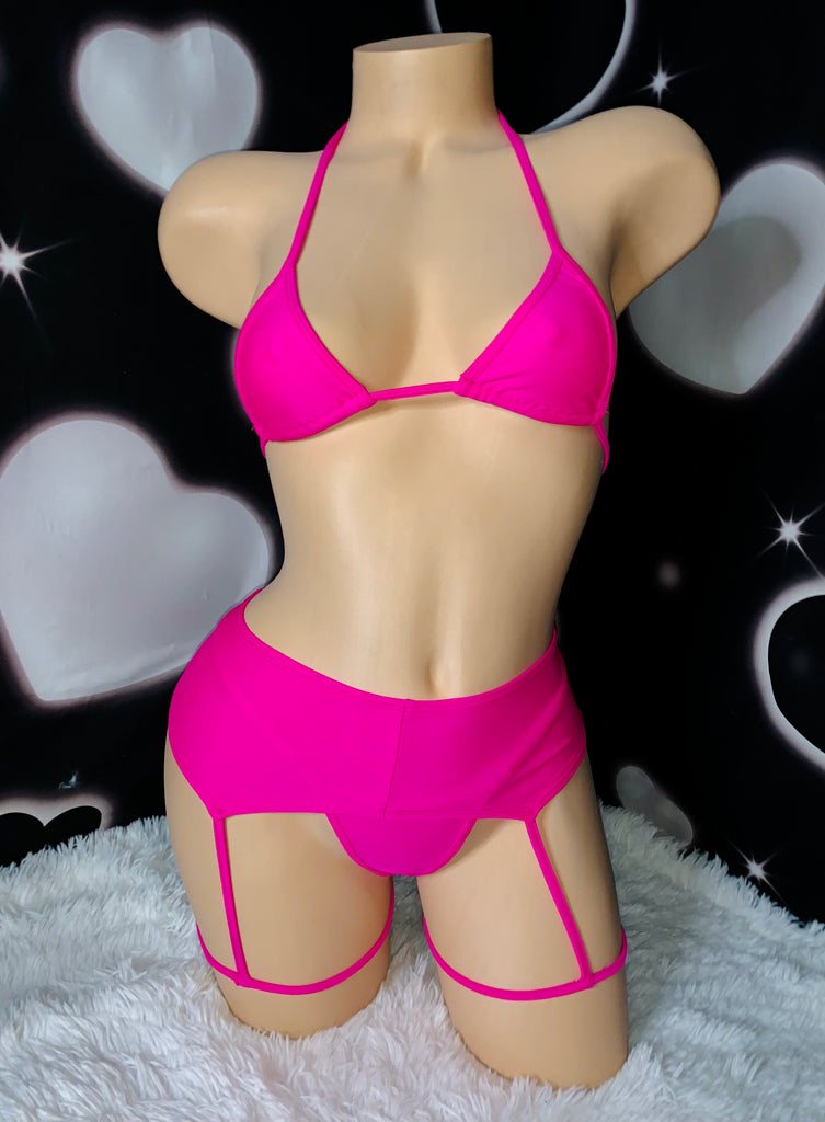 Pink garterbelt bikini set - Bikinis, Monokinis, skirt sets, and apparel inspired by strippers - Bubblegum The Brand