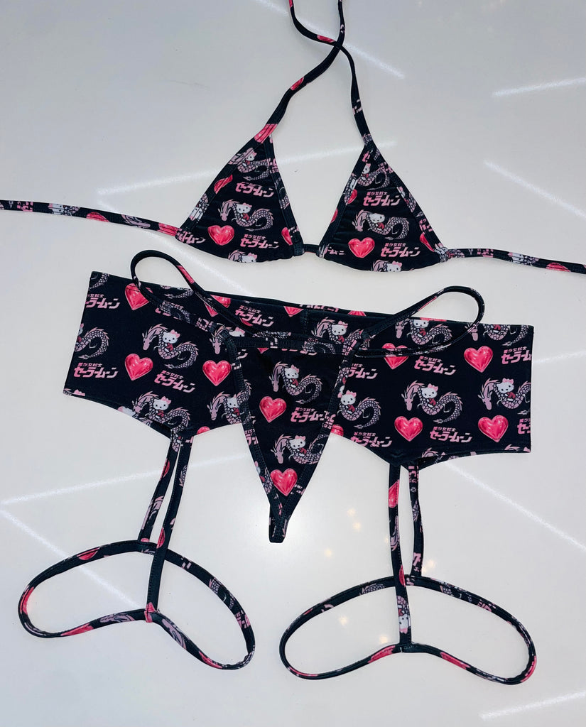 Harajuku Kitty garterbelt microkini set - Bikinis, Monokinis, skirt sets, and apparel inspired by strippers - Bubblegum The Brand