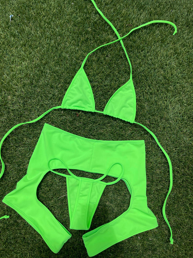 Electric Lime Chaps bikini set - Bikinis, Monokinis, skirt sets, and apparel inspired by strippers - Bubblegum The Brand