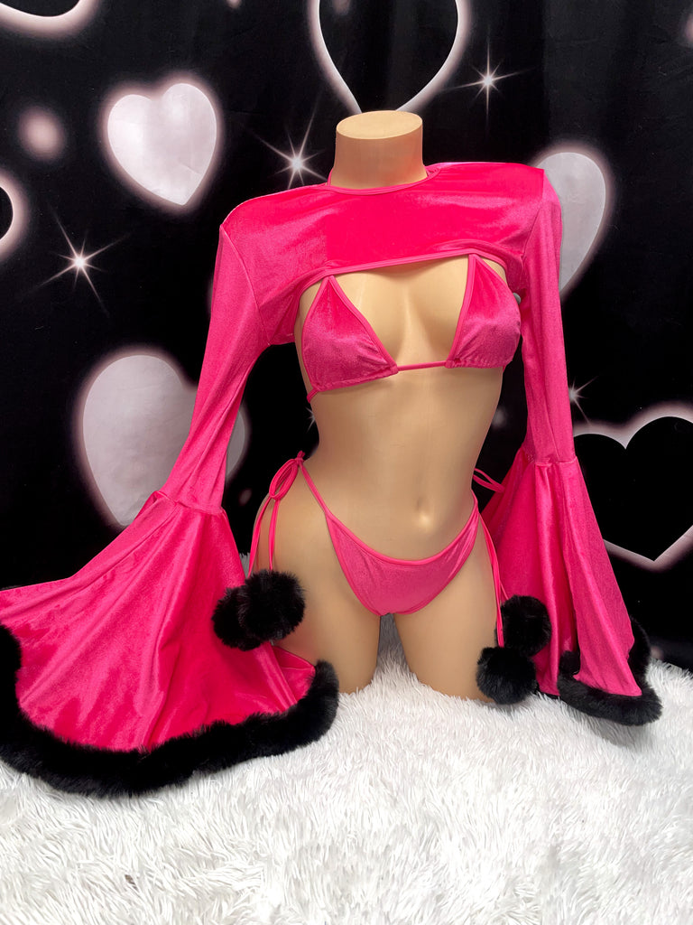 Pink wonderland bellsleeves velvet three piece bikini set