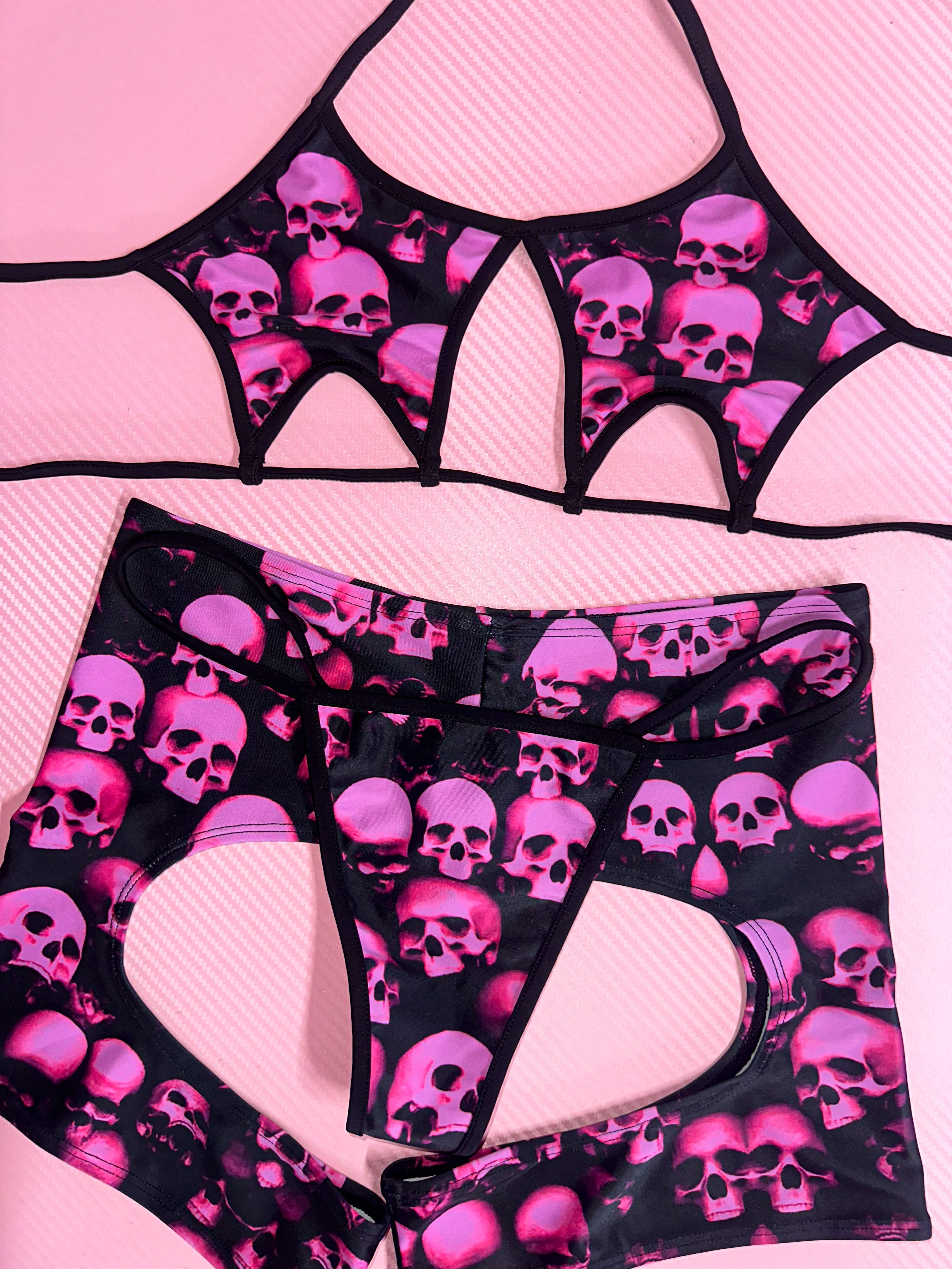 Pink skulls chaps bikini set