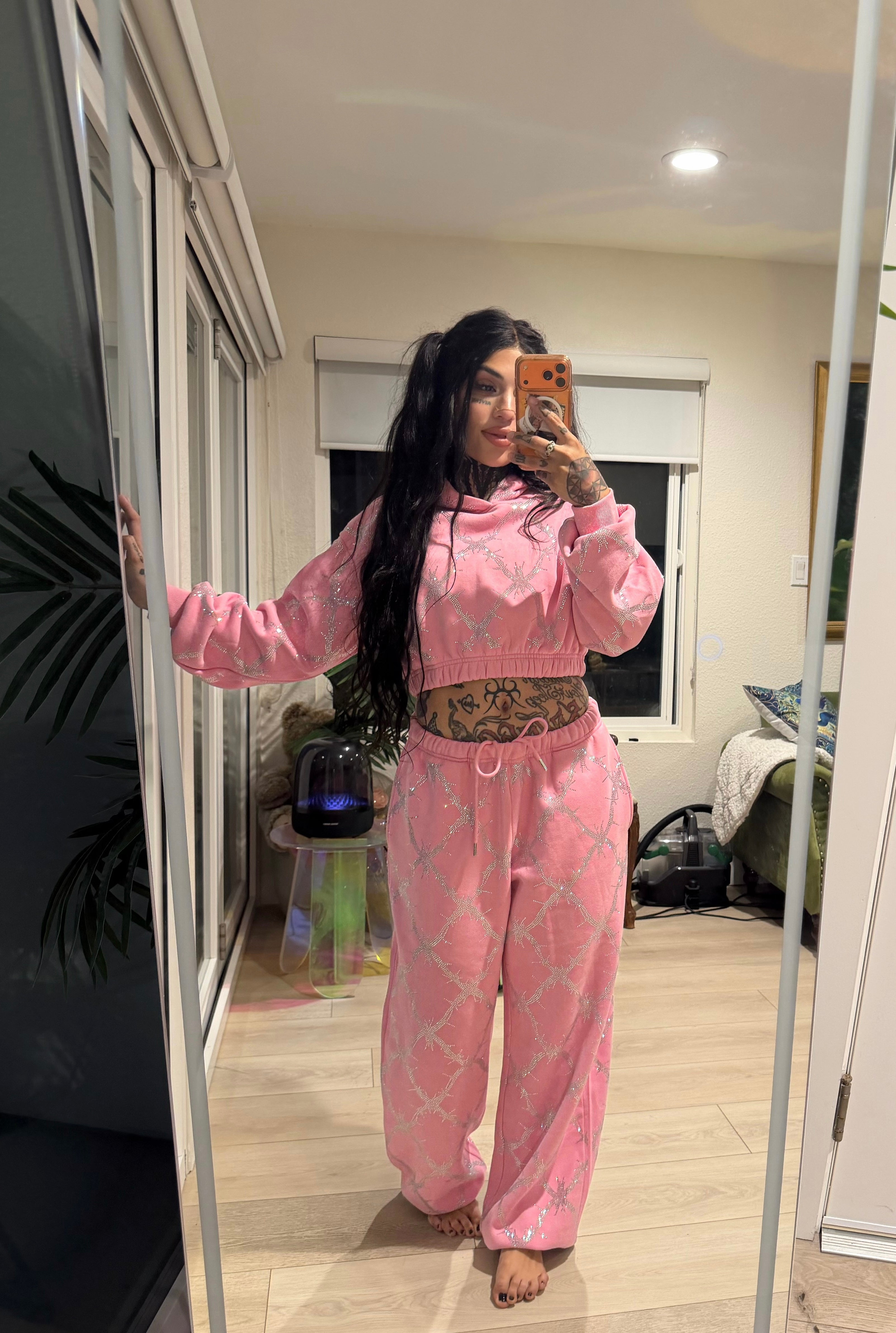 Baby pink barbed wire fence rhinestone sweatpants