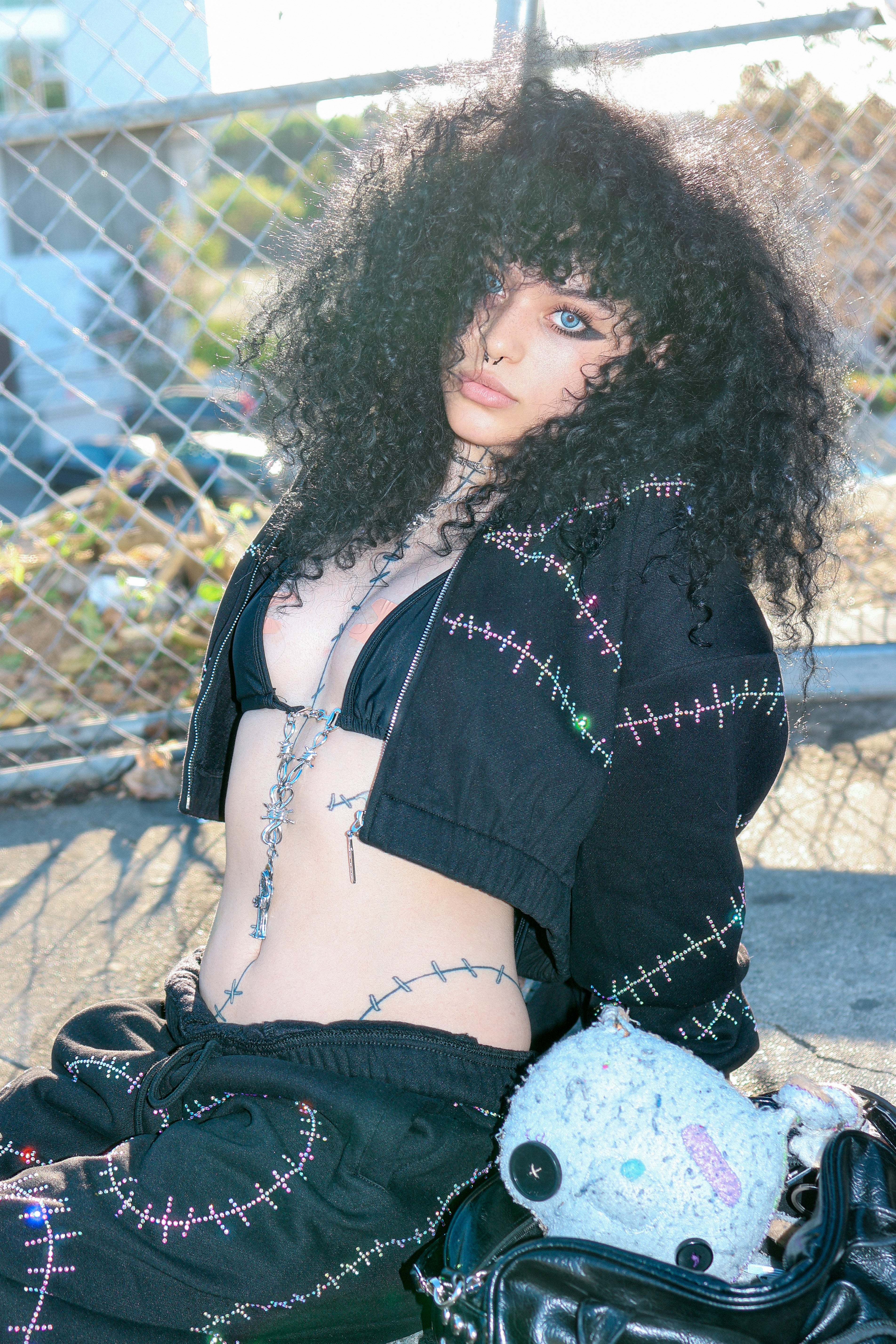 Rhinestone stitches bunny ears crop hoodie