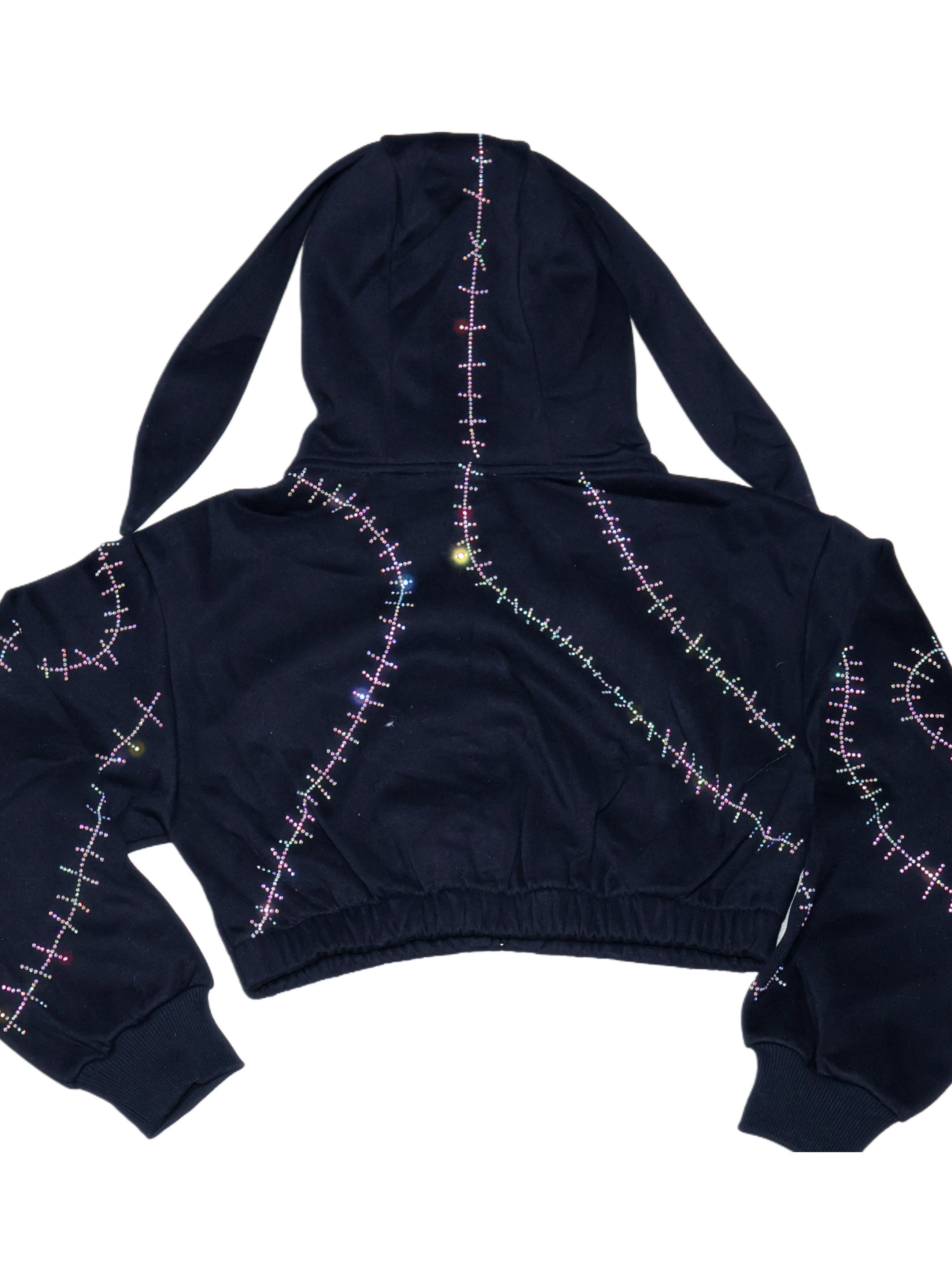 Rhinestone stitches bunny ears crop hoodie