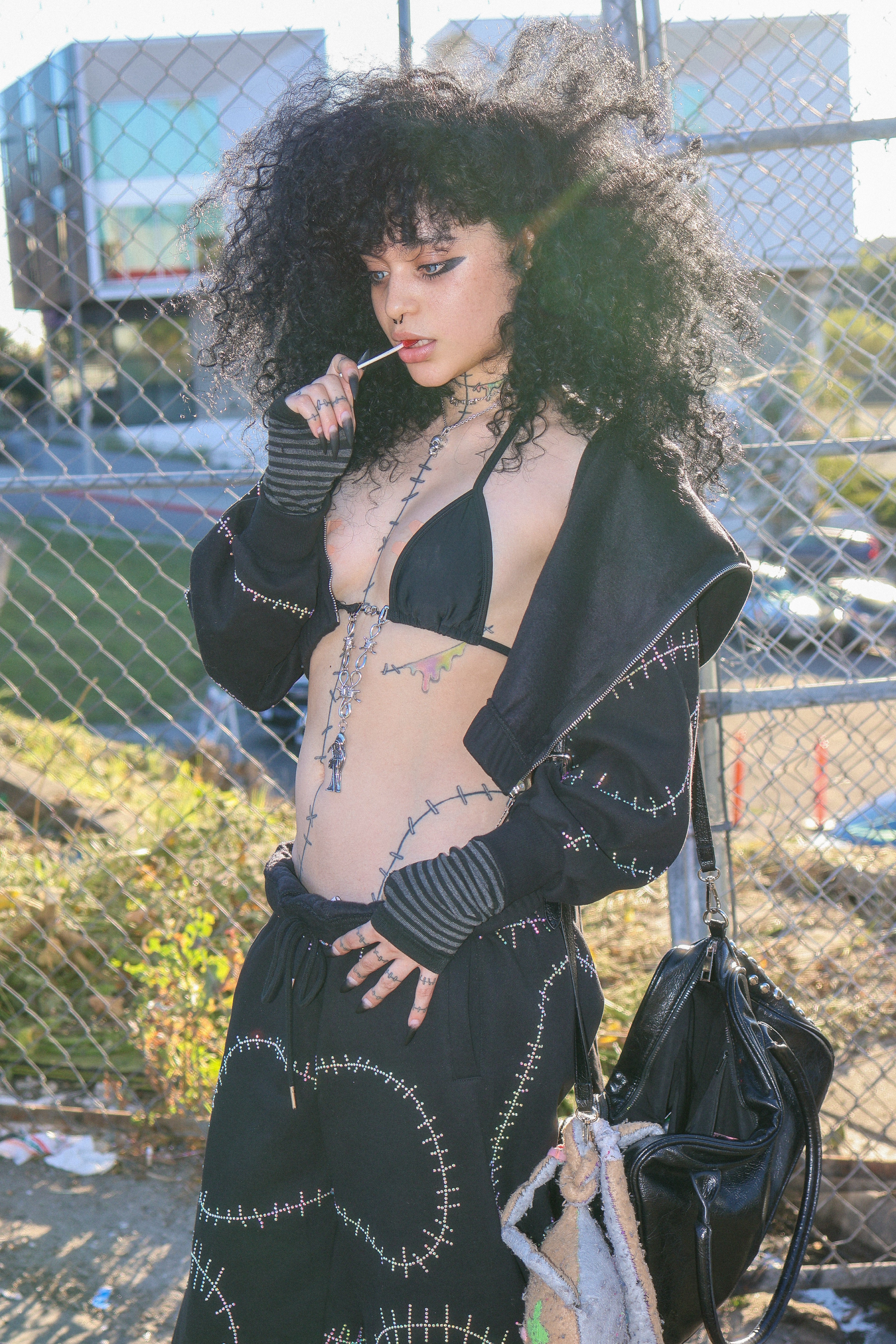 Rhinestone stitches bunny ears crop hoodie