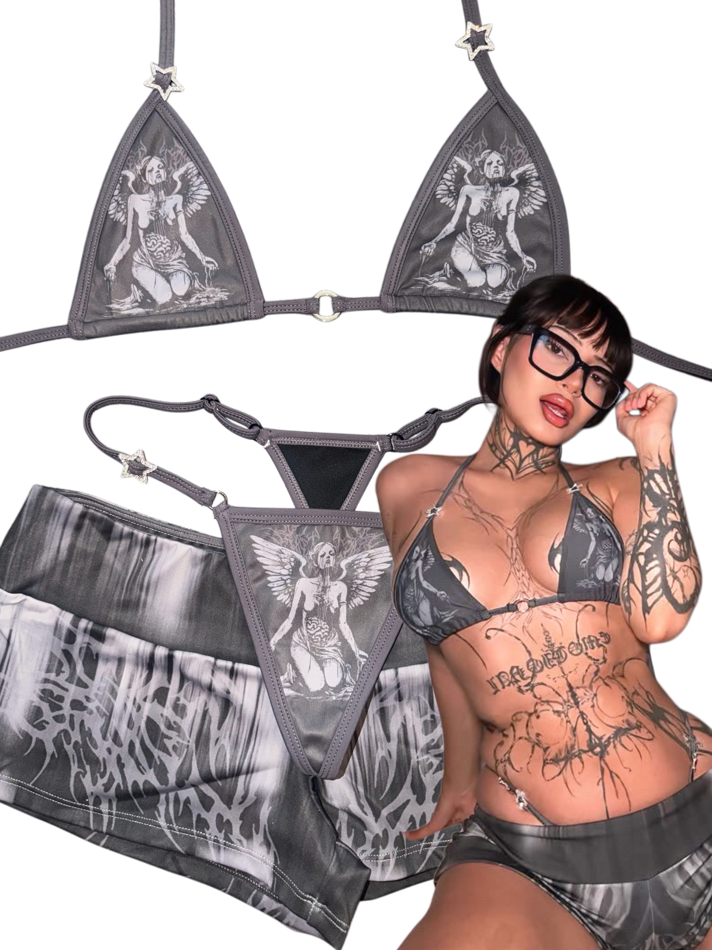 Decaying angel low rise short set rhinestone stars