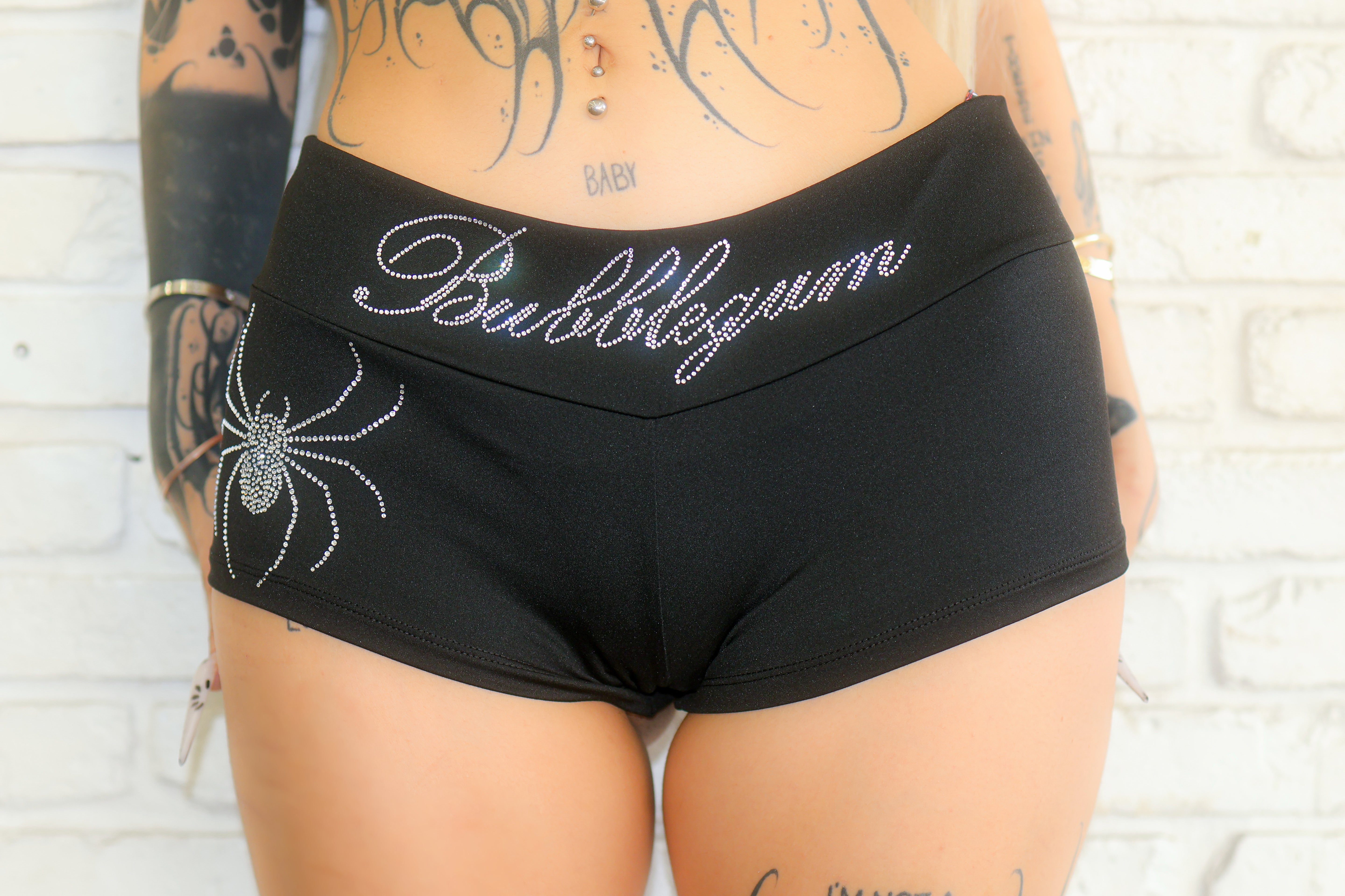 Spiders kiss rhinestone micro shorts