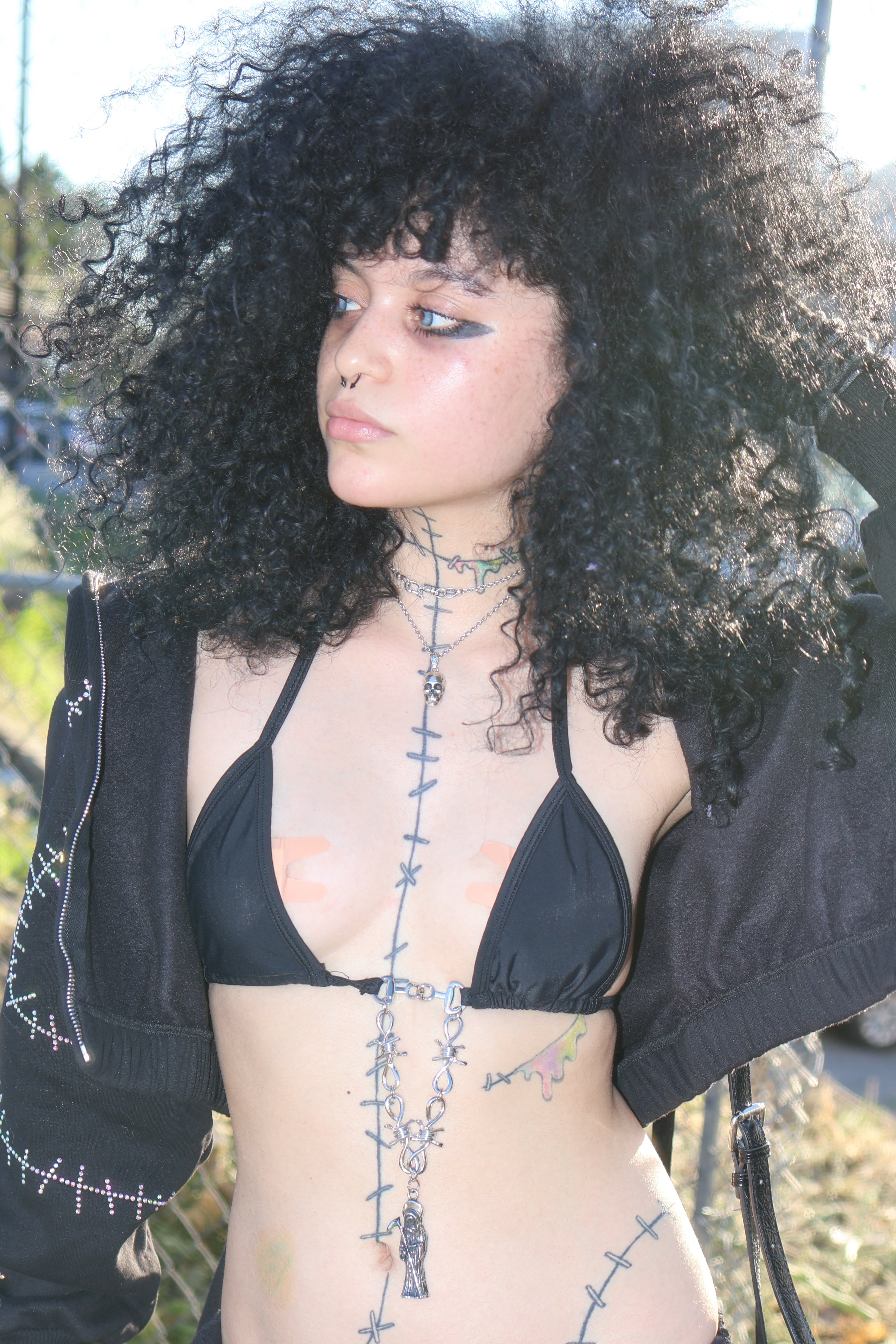 Rhinestone stitches bunny ears crop hoodie