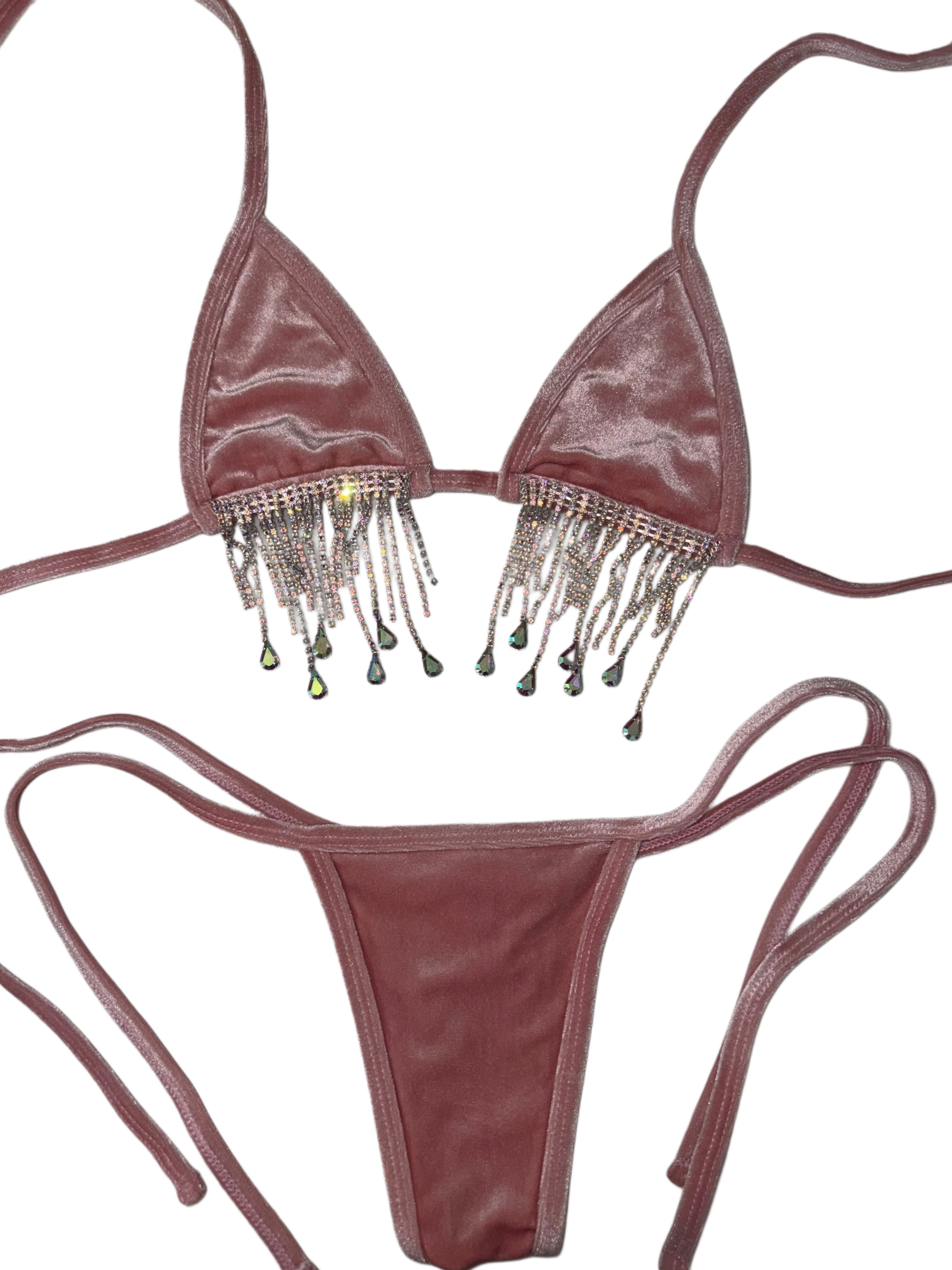 Pink velvet iced out drip bikini