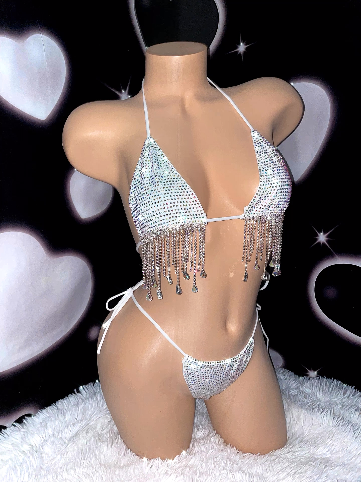 Iced out drip rhinestone bikini white