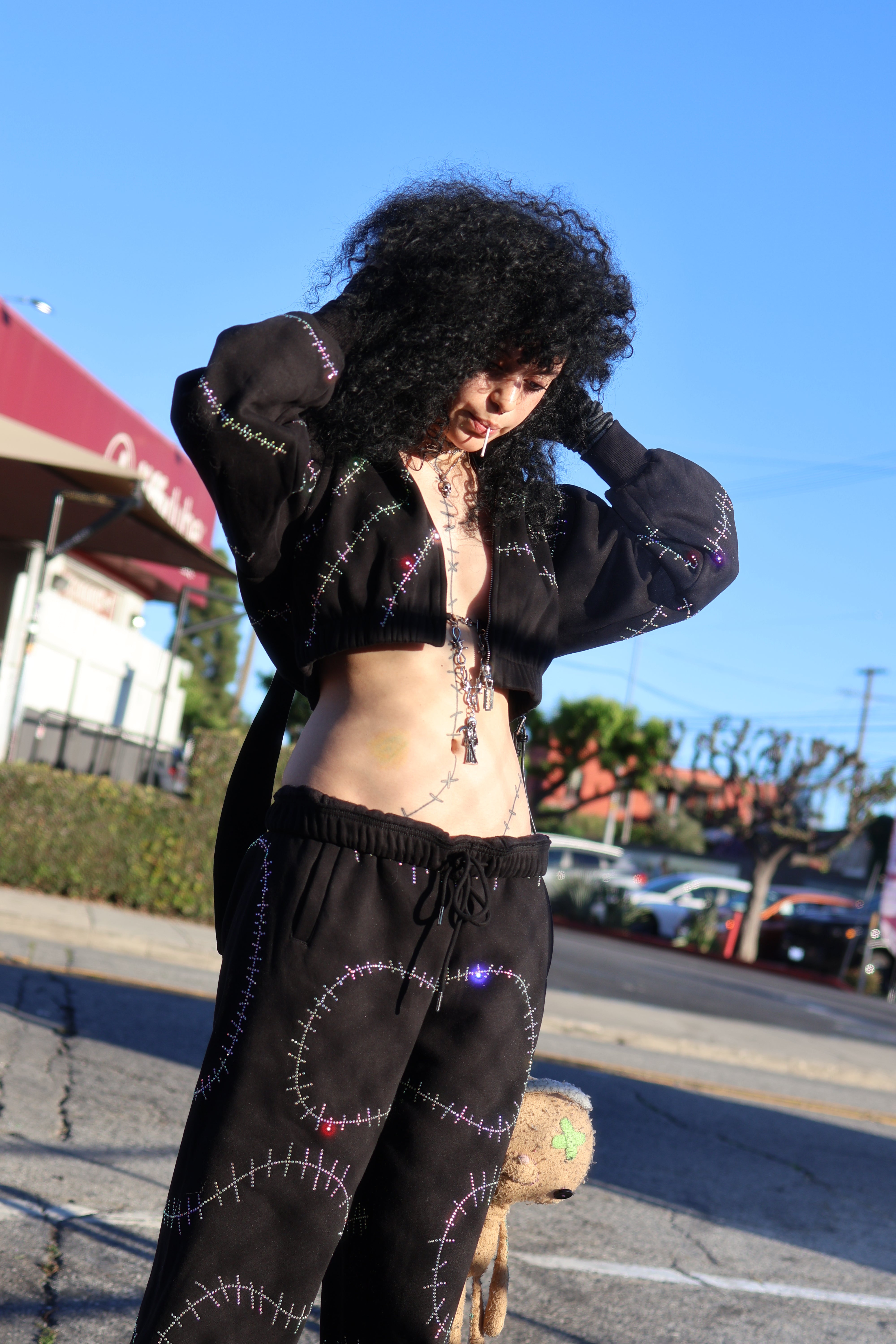 Rhinestone stitches bunny ears crop hoodie