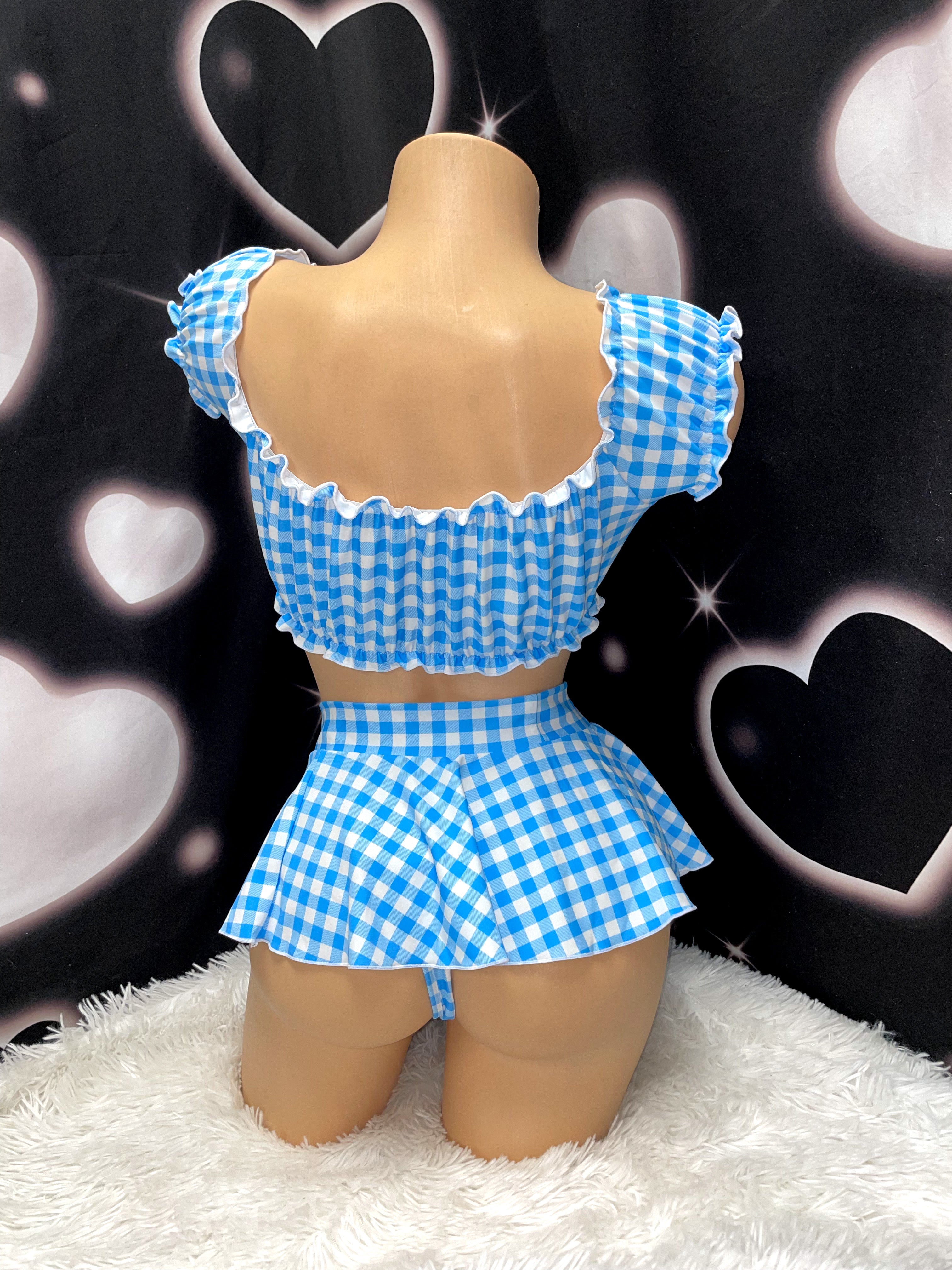 blue gingham skirt set