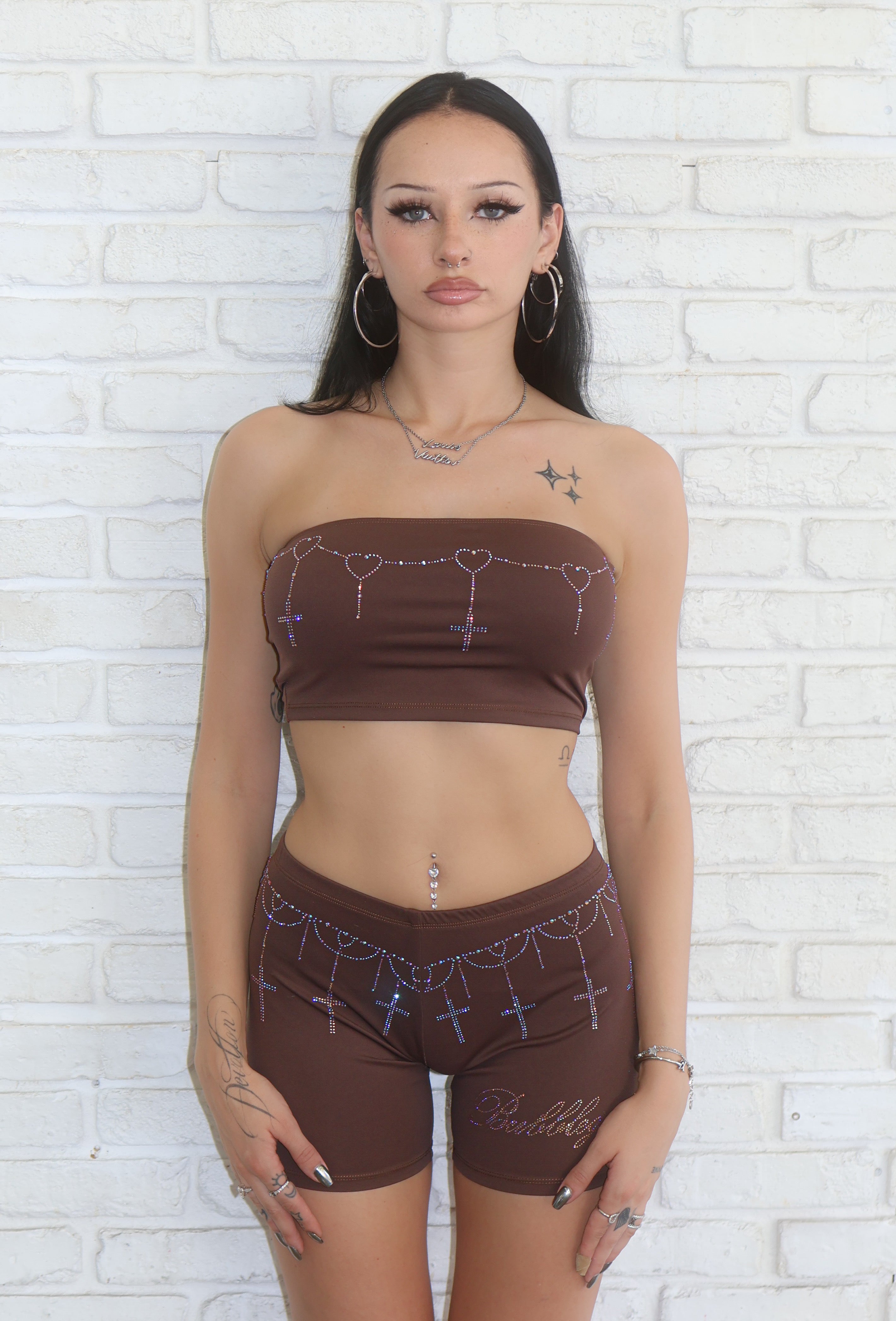 Sacred heart rhinestone cross biker shorts streetwear