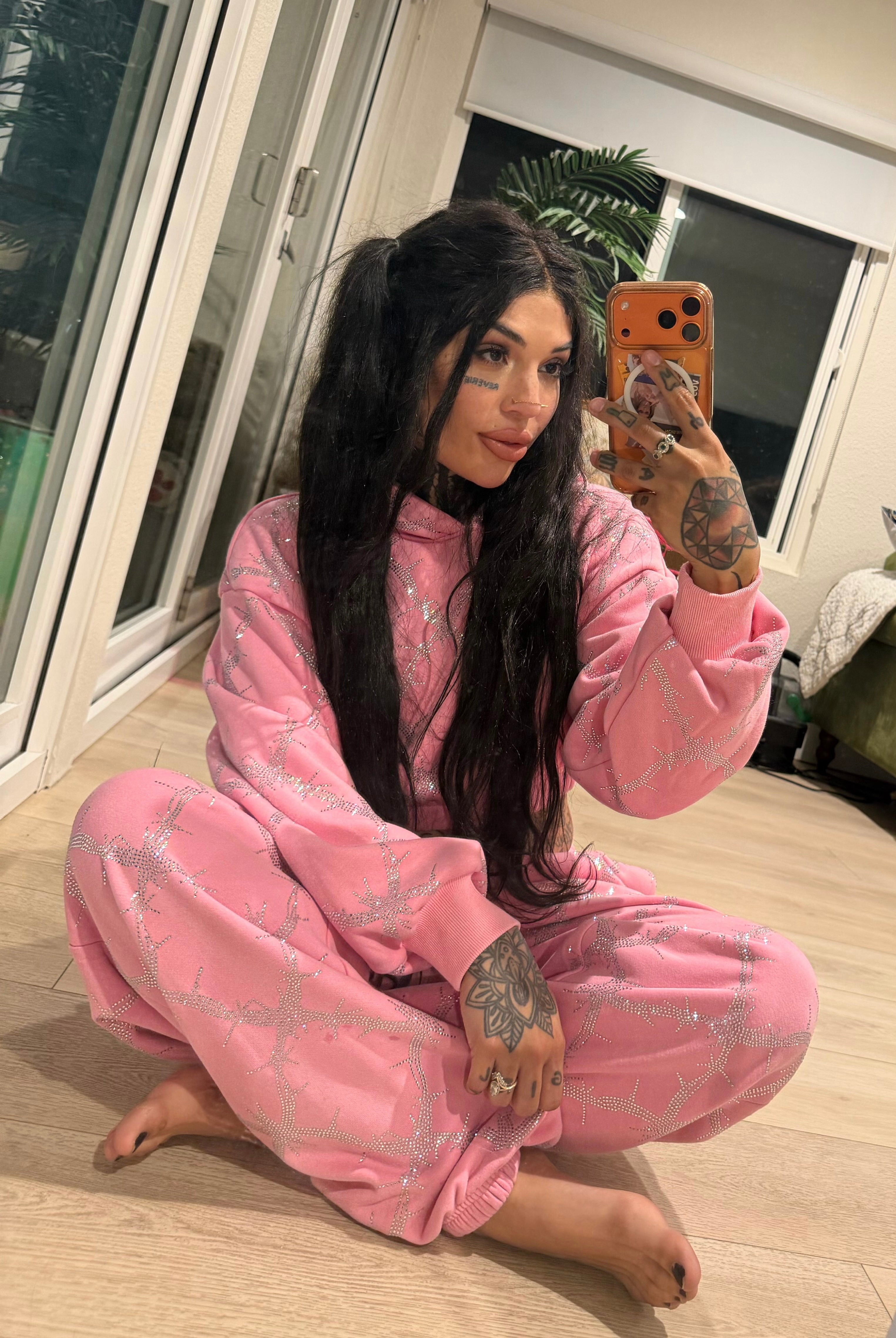 Baby pink barbed wire fence rhinestone sweatpants