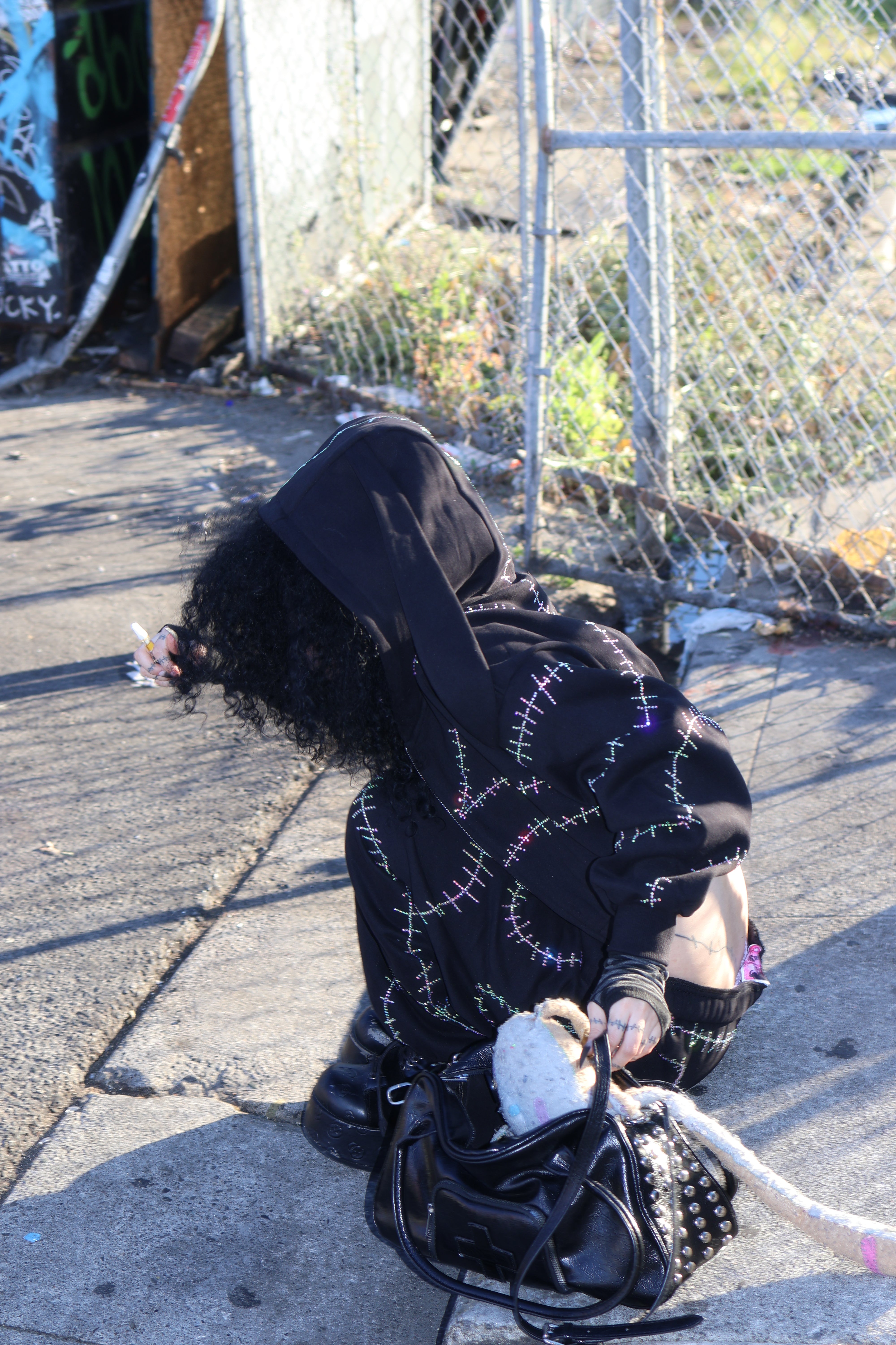 Rhinestone stitches bunny ears crop hoodie