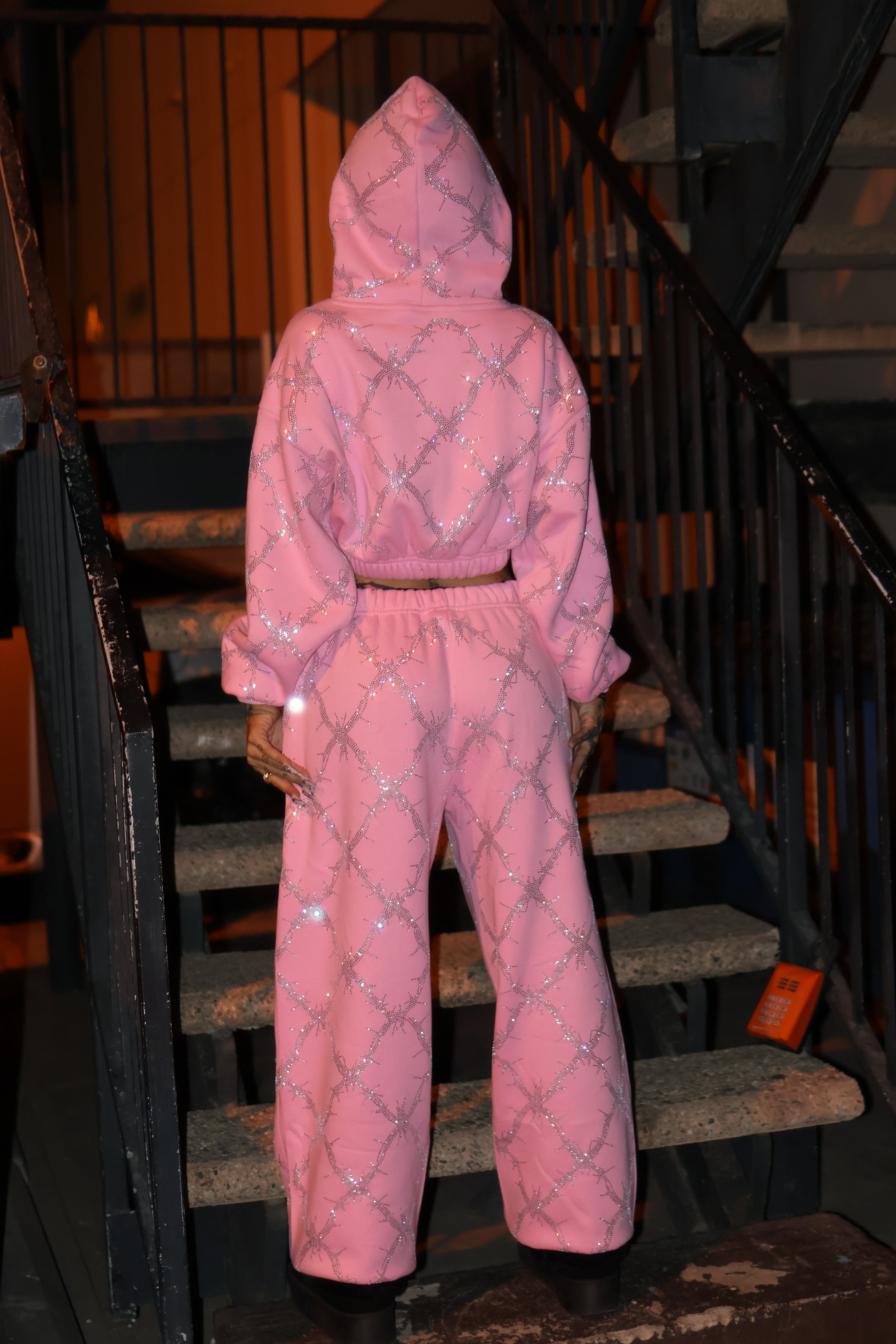 Baby pink barbed wire fence rhinestone sweatpants