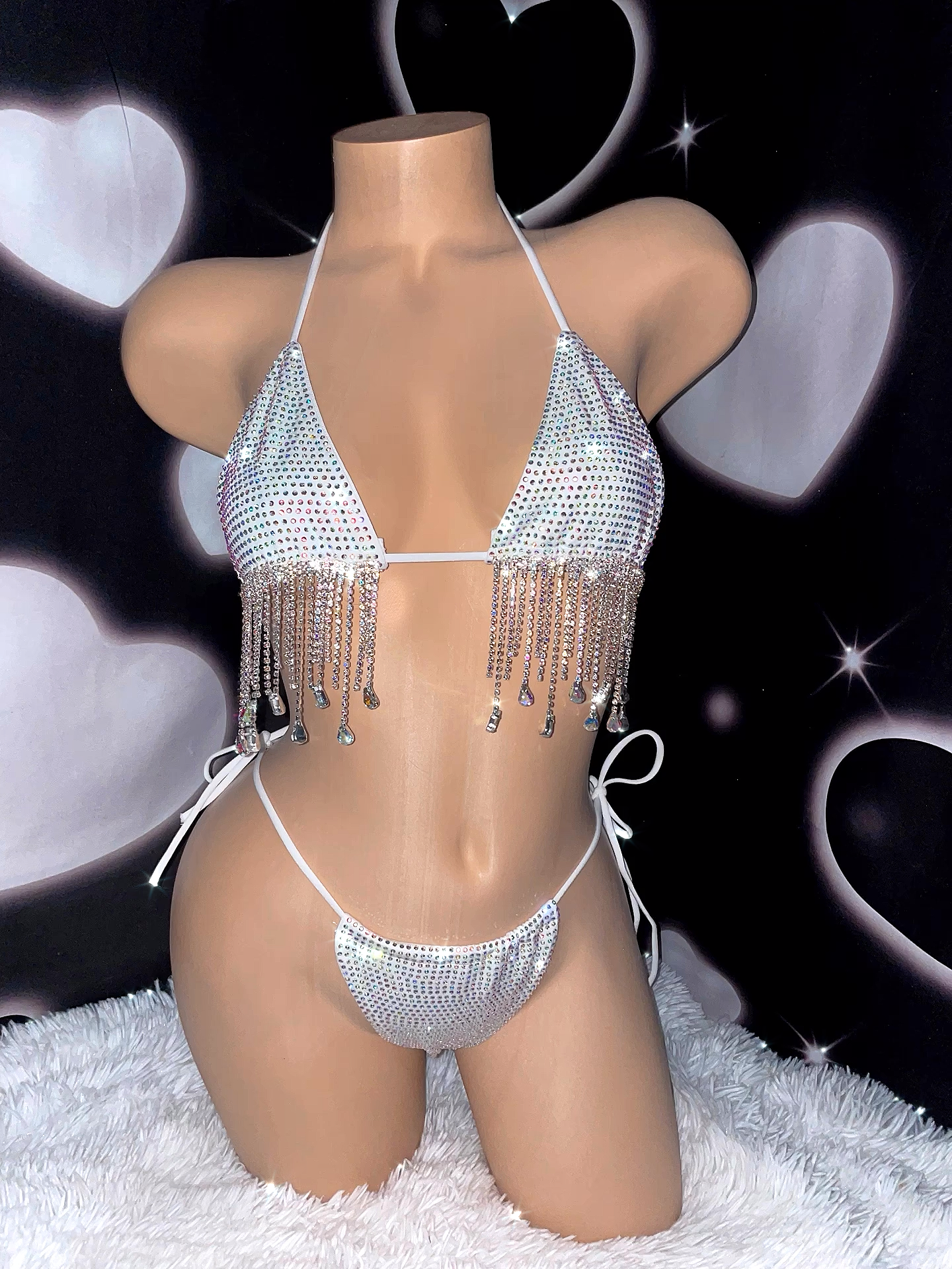 Iced out drip rhinestone bikini white