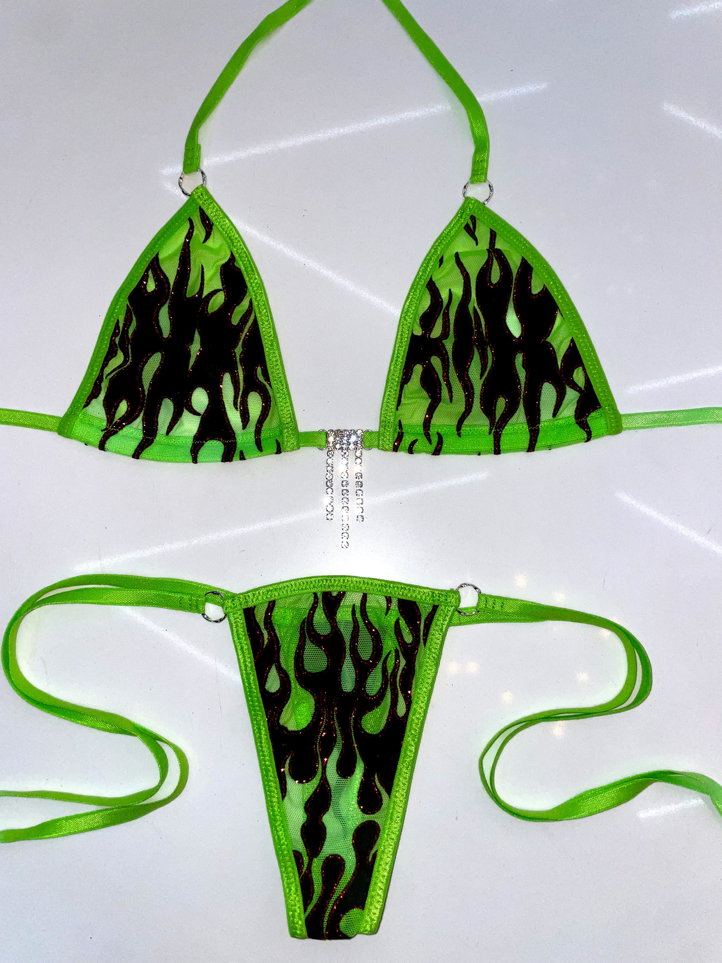 Green flames sparkle bikini