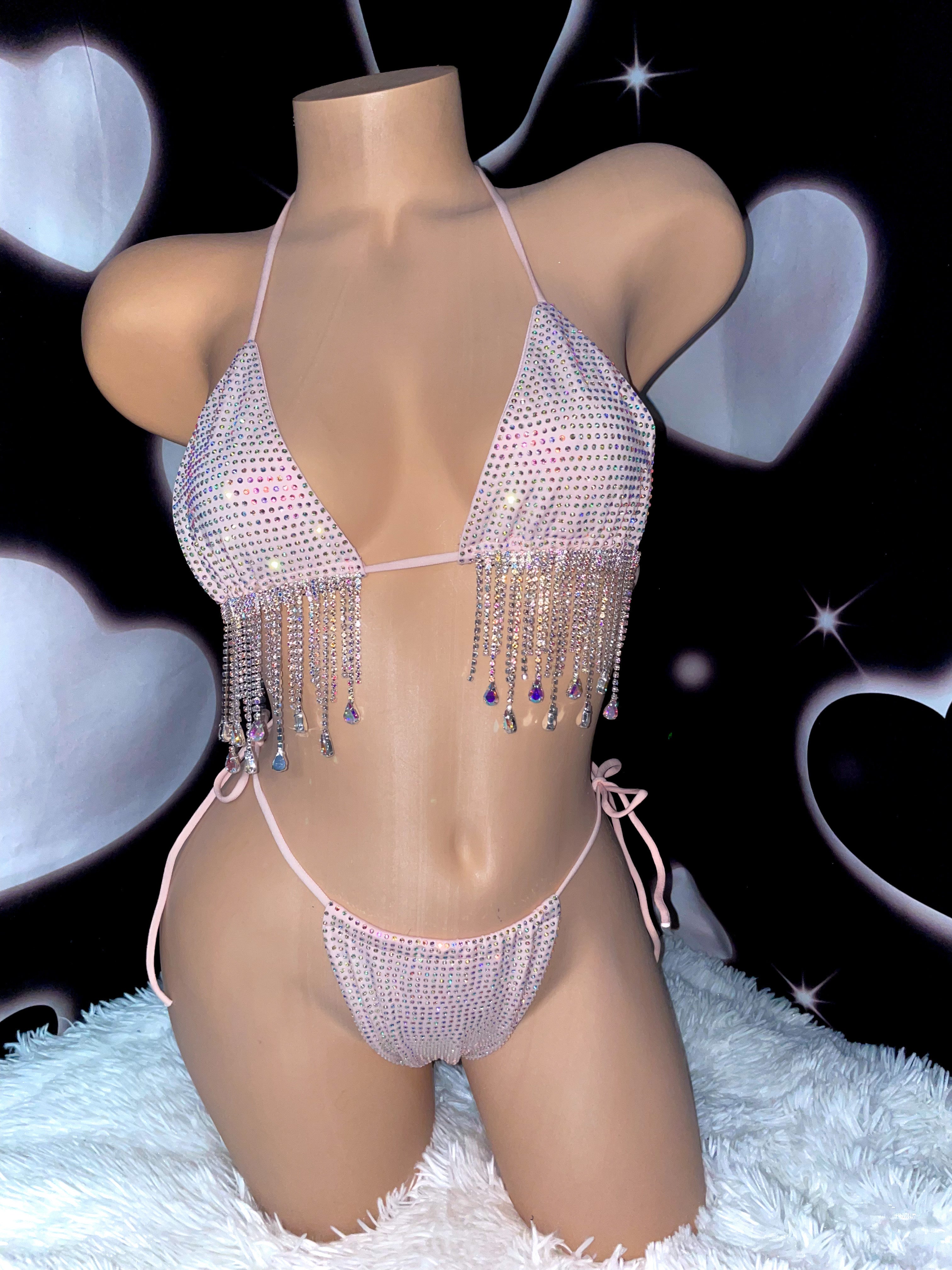 Iced out drip rhinestone bikini pink