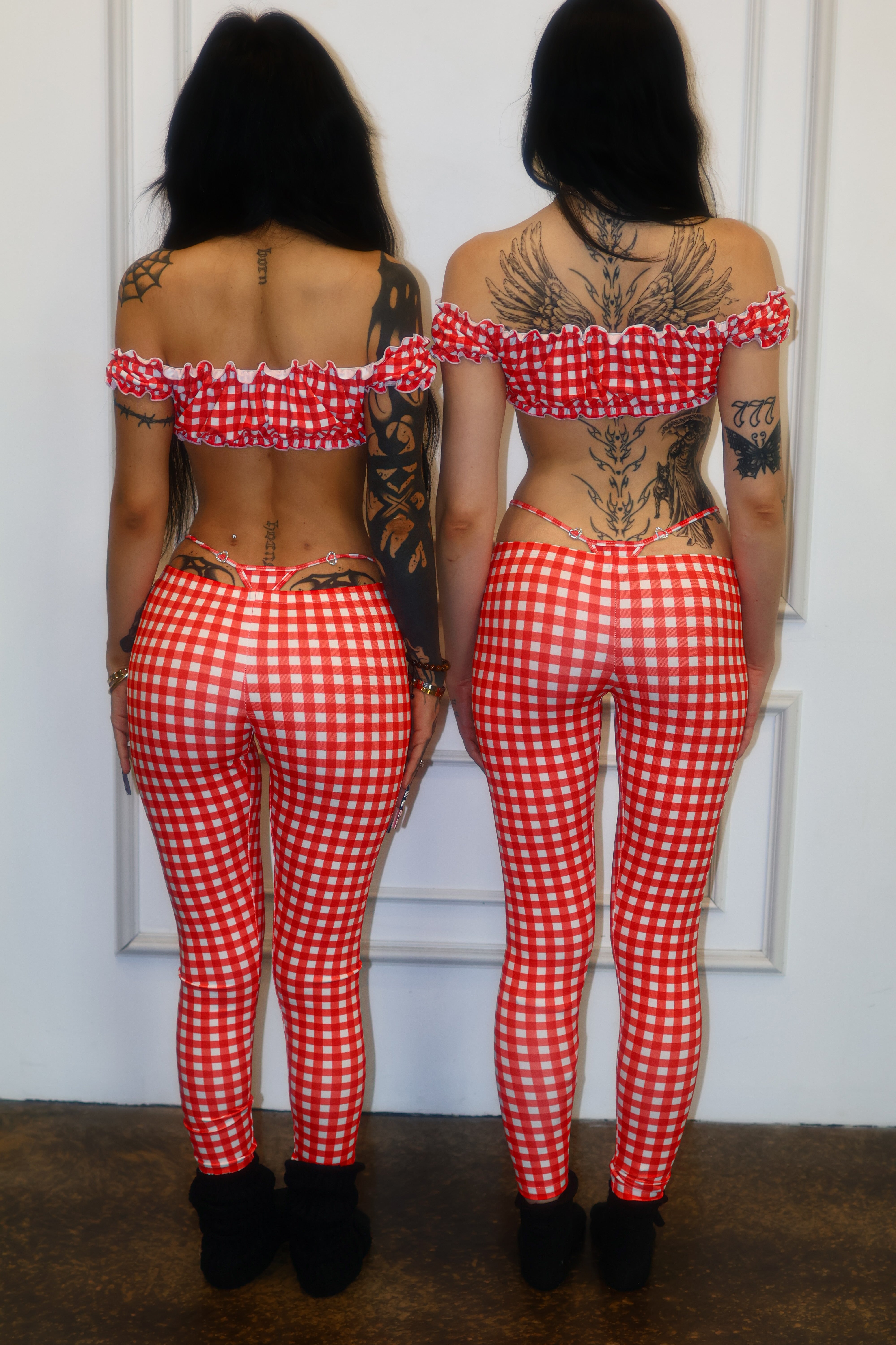 Red gingham low rise leggings ruffle top set