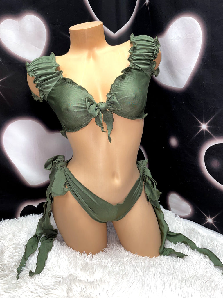 Earth green doll ruffle bikini set