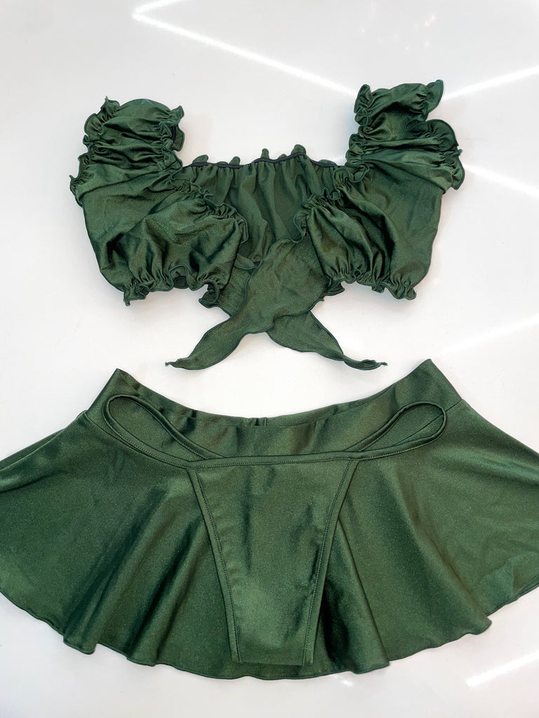 Forest green ruffle skirt set