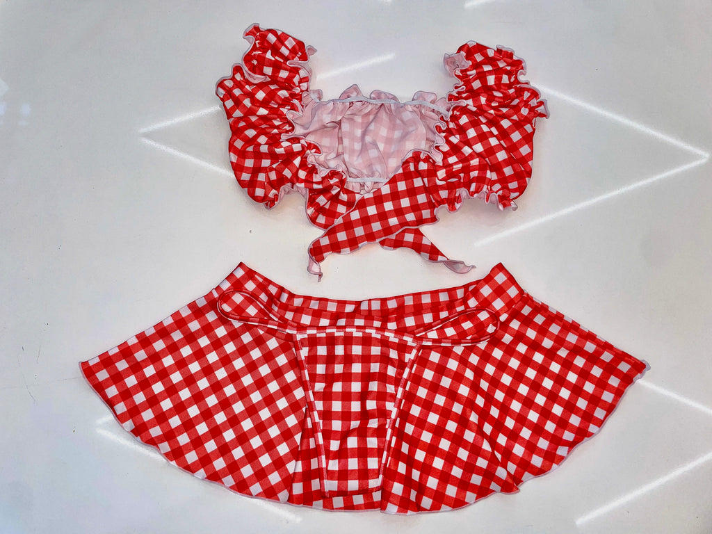 Red gingham ruffle skirt set