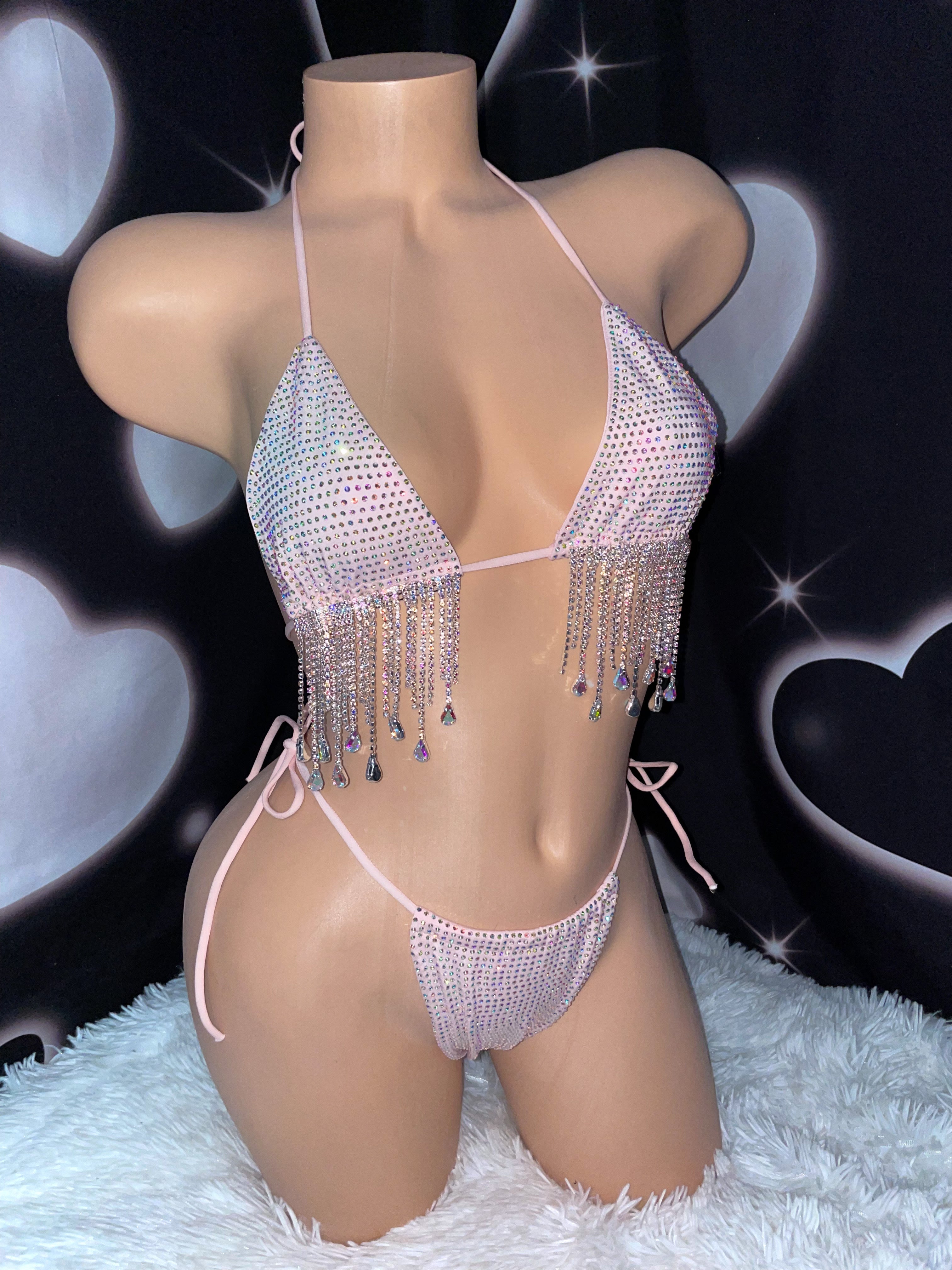 Iced out drip rhinestone bikini pink