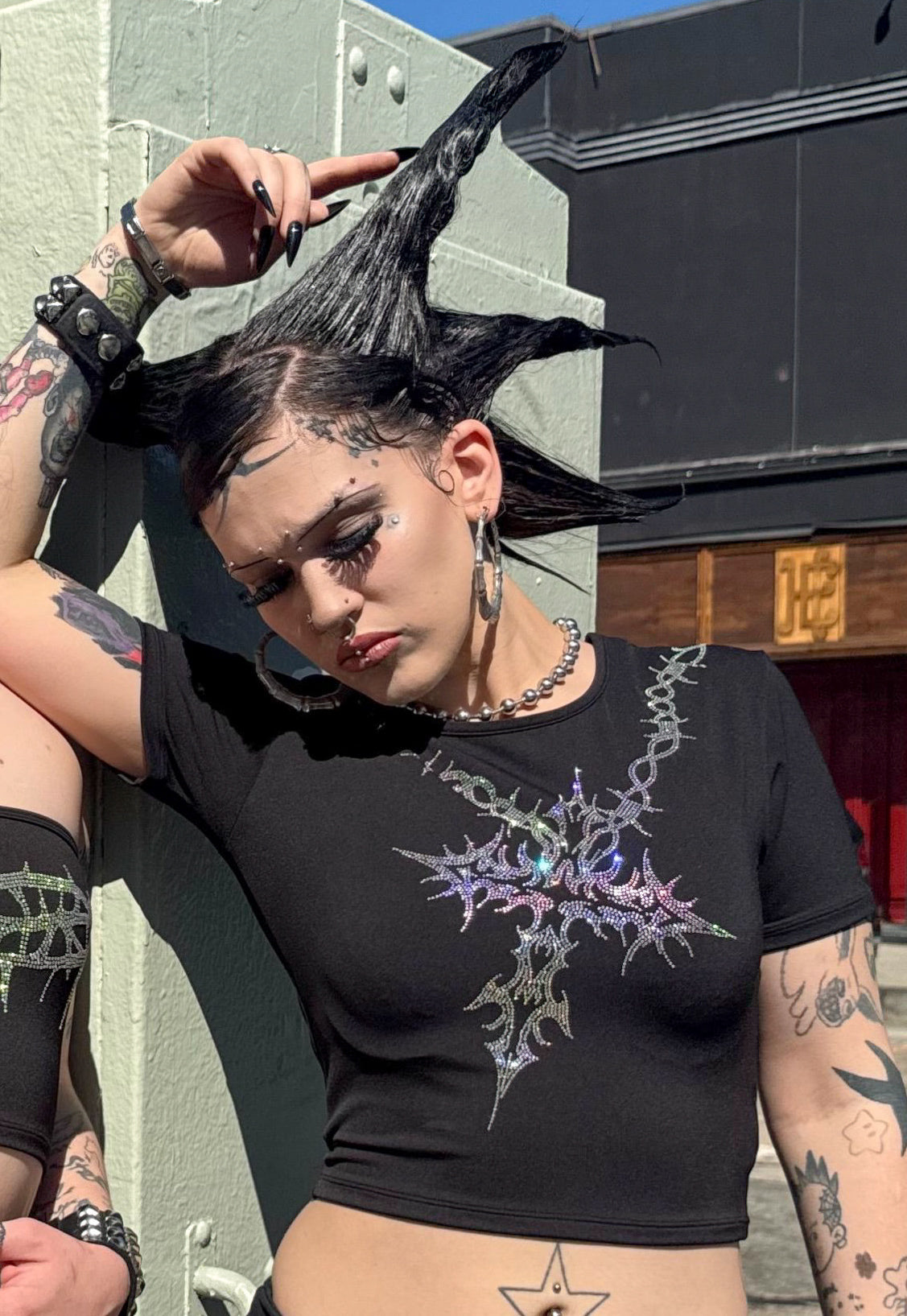 Barbed wire cross rhinestone crop top