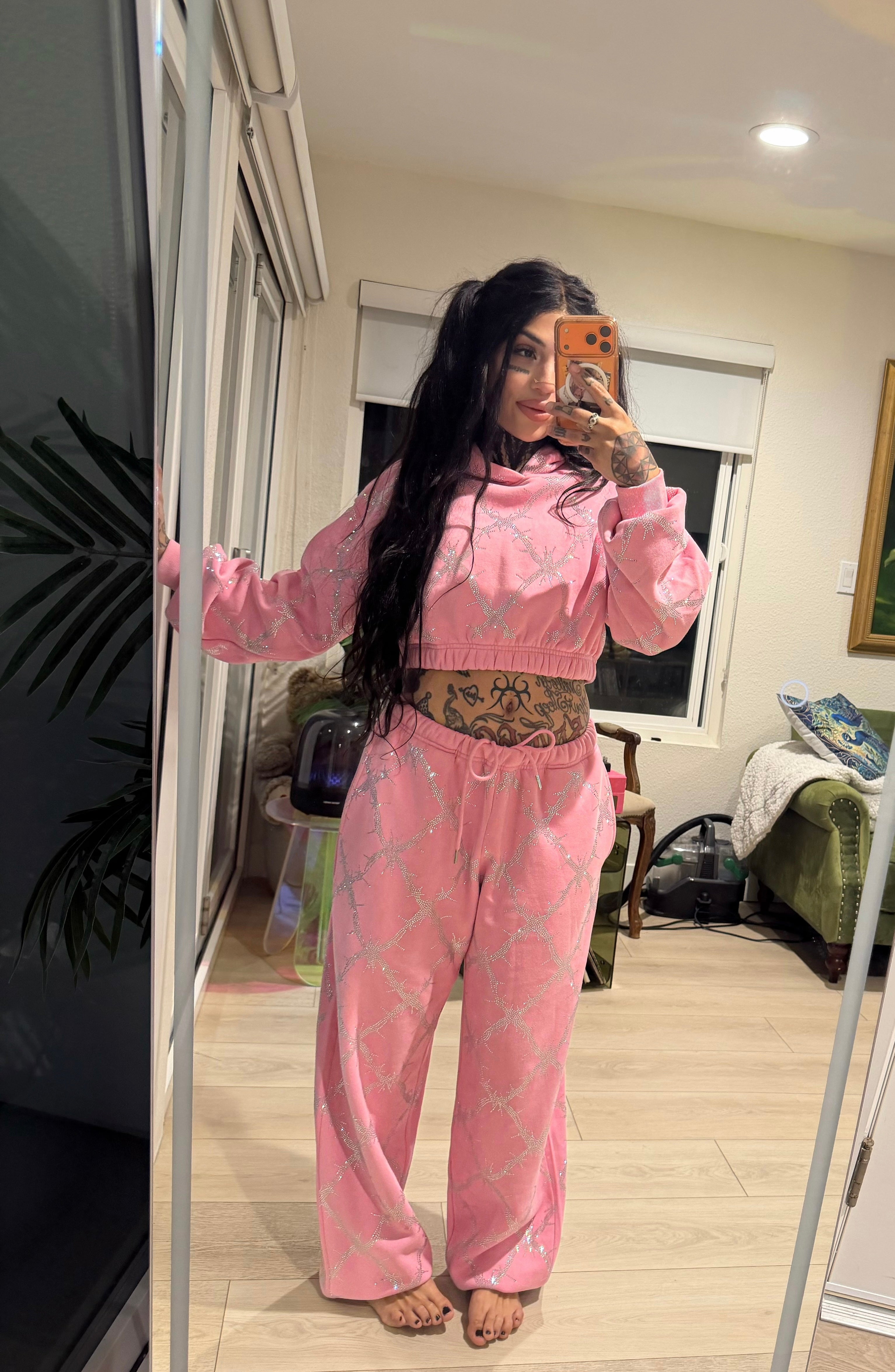 Baby pink barbed wire fence rhinestone sweatpants