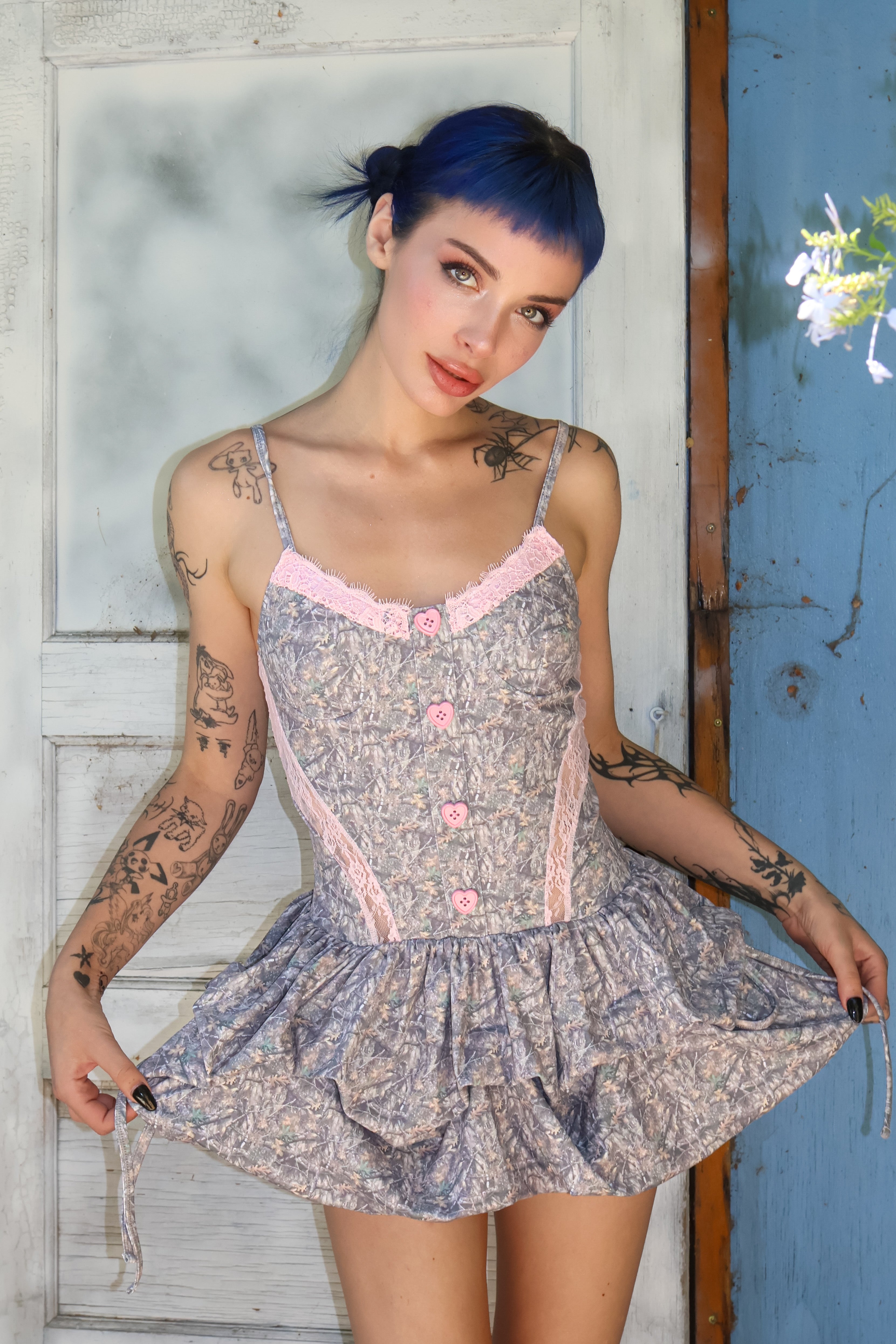 Faded tree camo ruffle babydoll mini dress