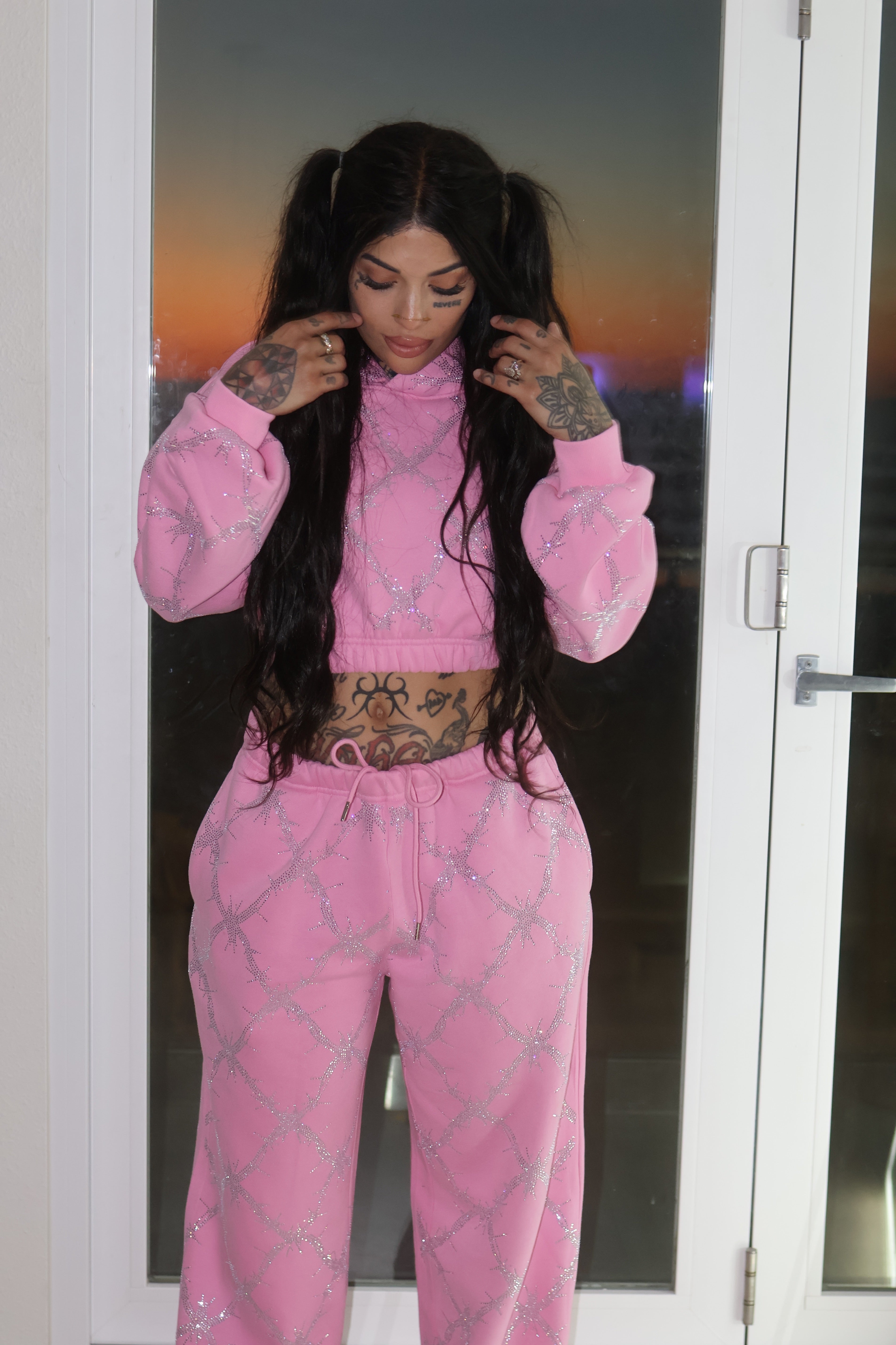 Baby pink barbed wire fence rhinestone sweatpants