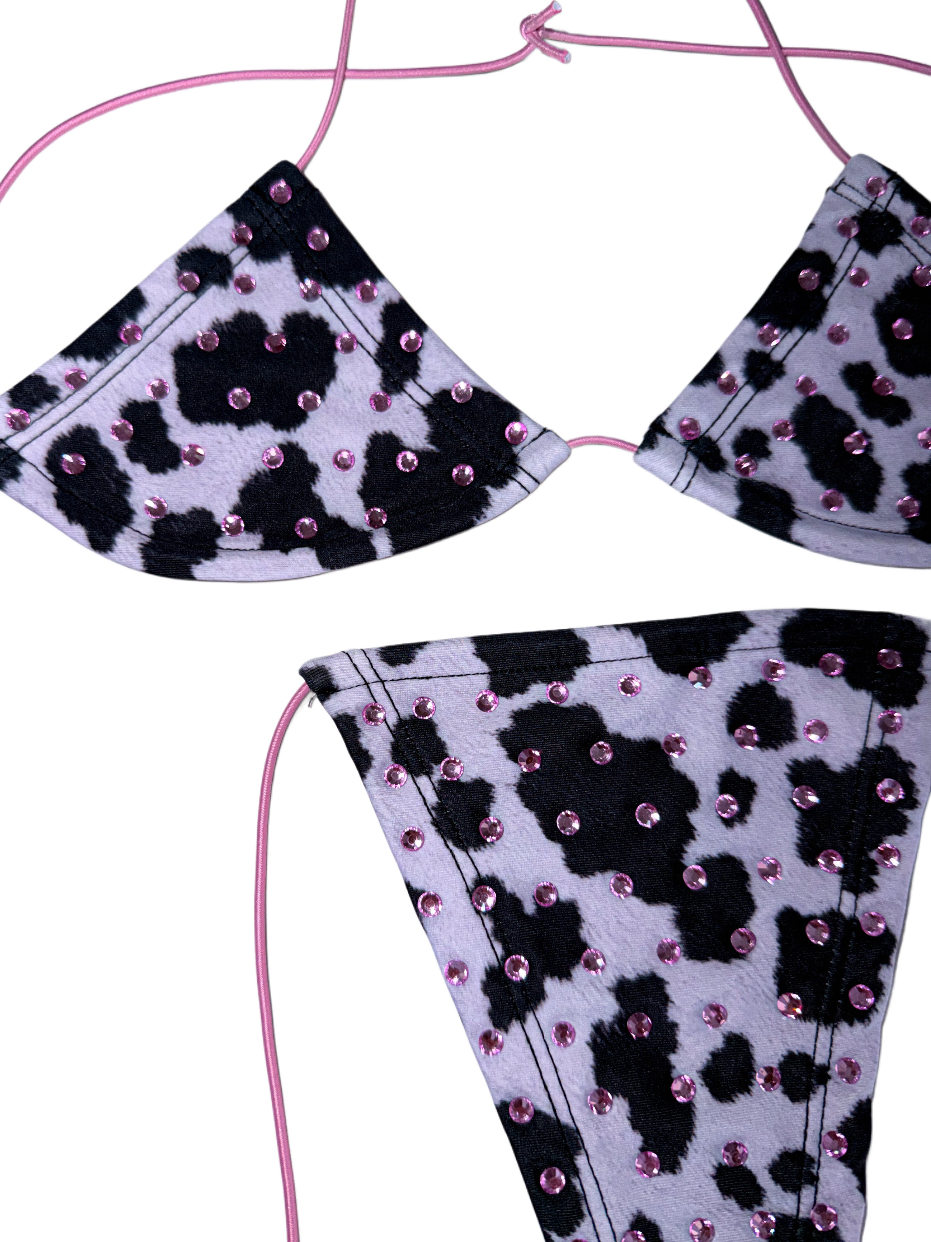 Cowhide rhinestone pink string microkini