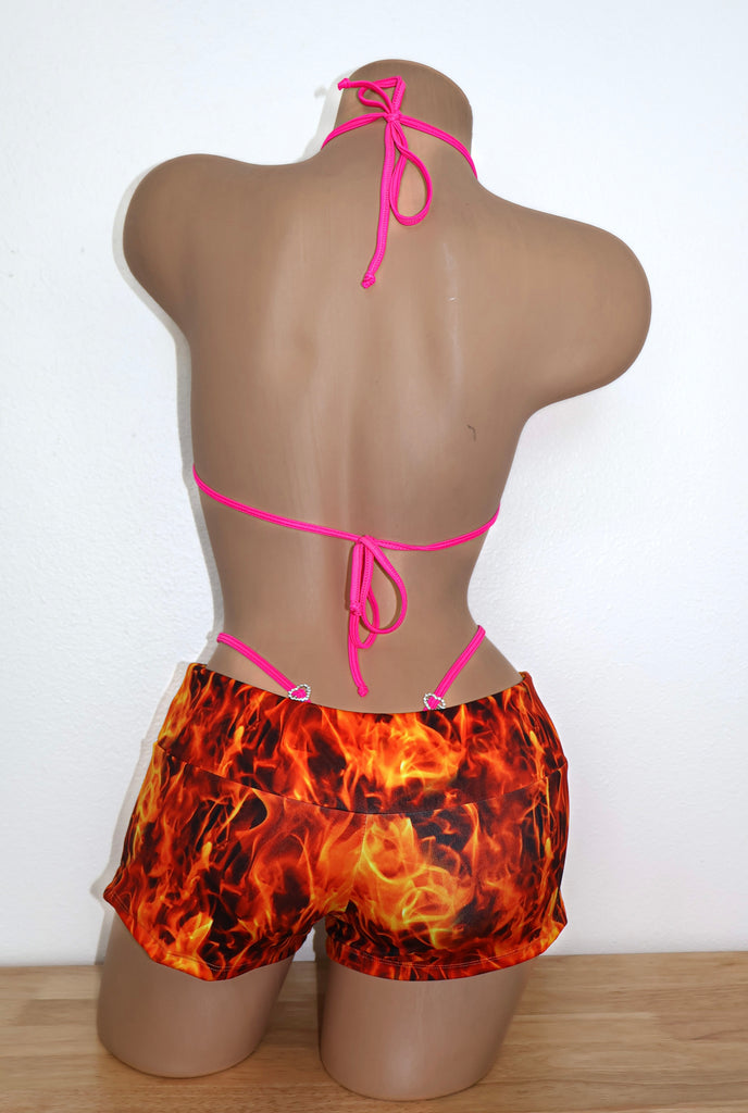 Flames low rise short set rhinestone hearts