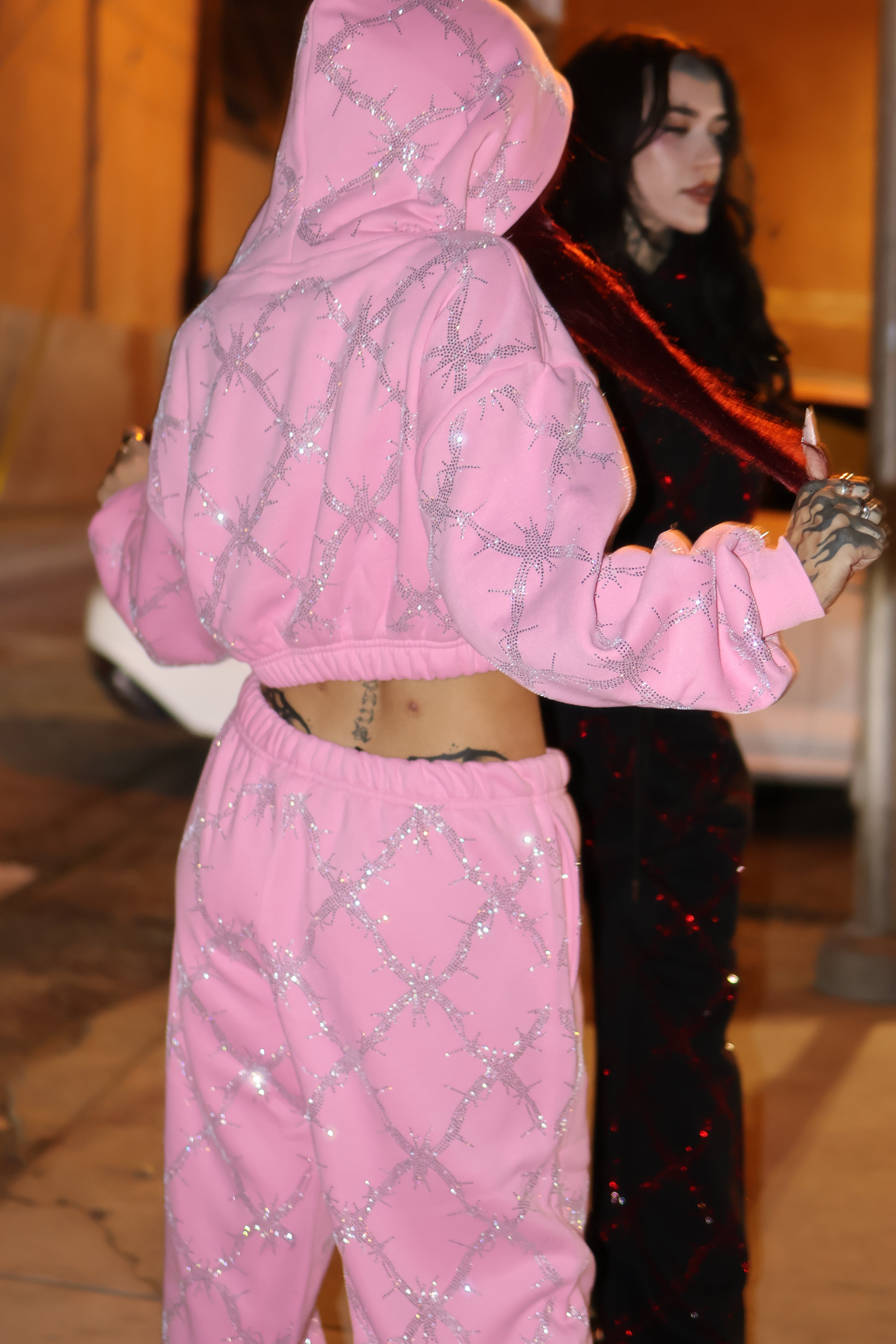 Baby pink barbed wire fence rhinestone sweatpants