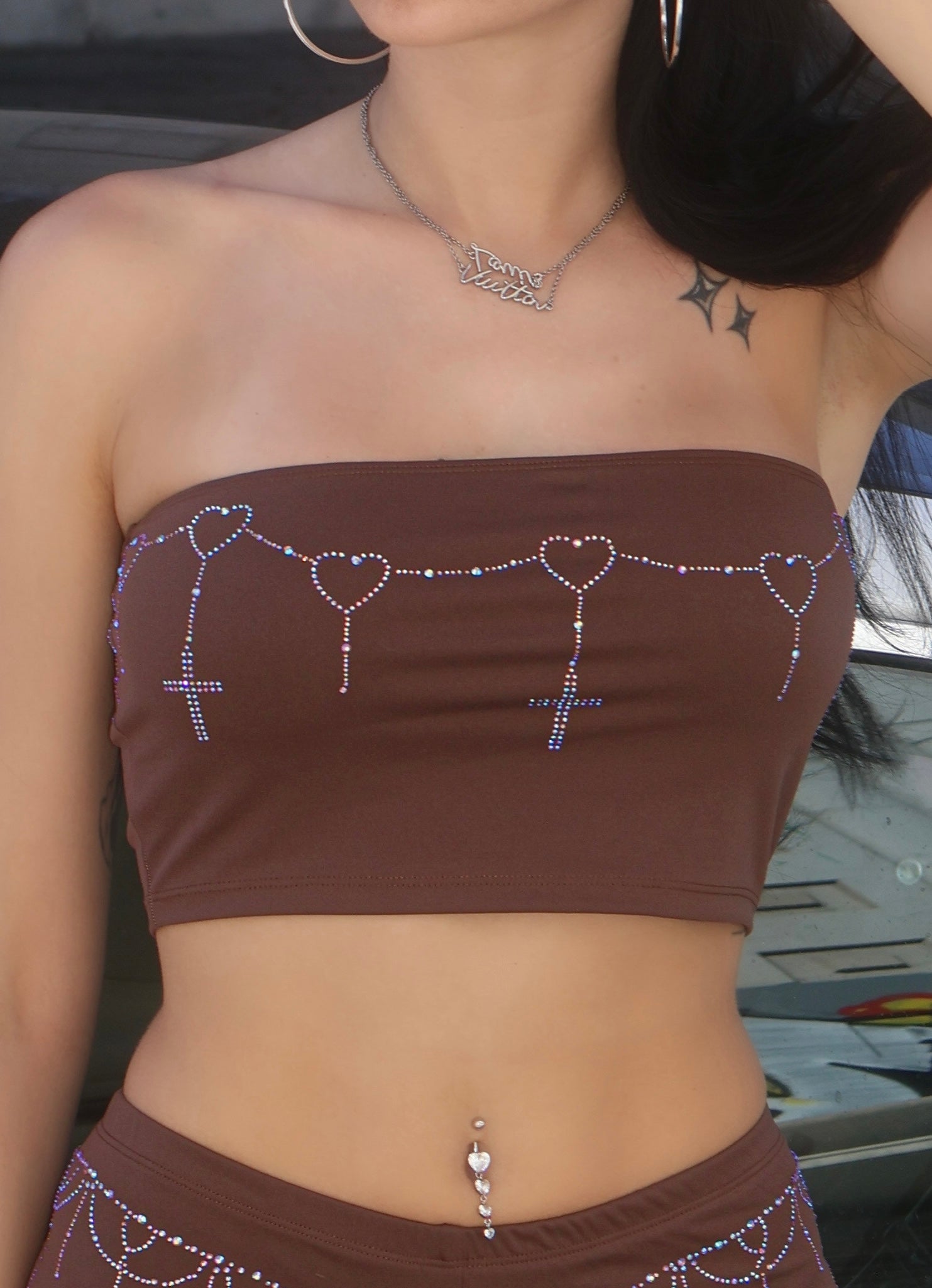 Sacred heart rhinestone cross tube top
