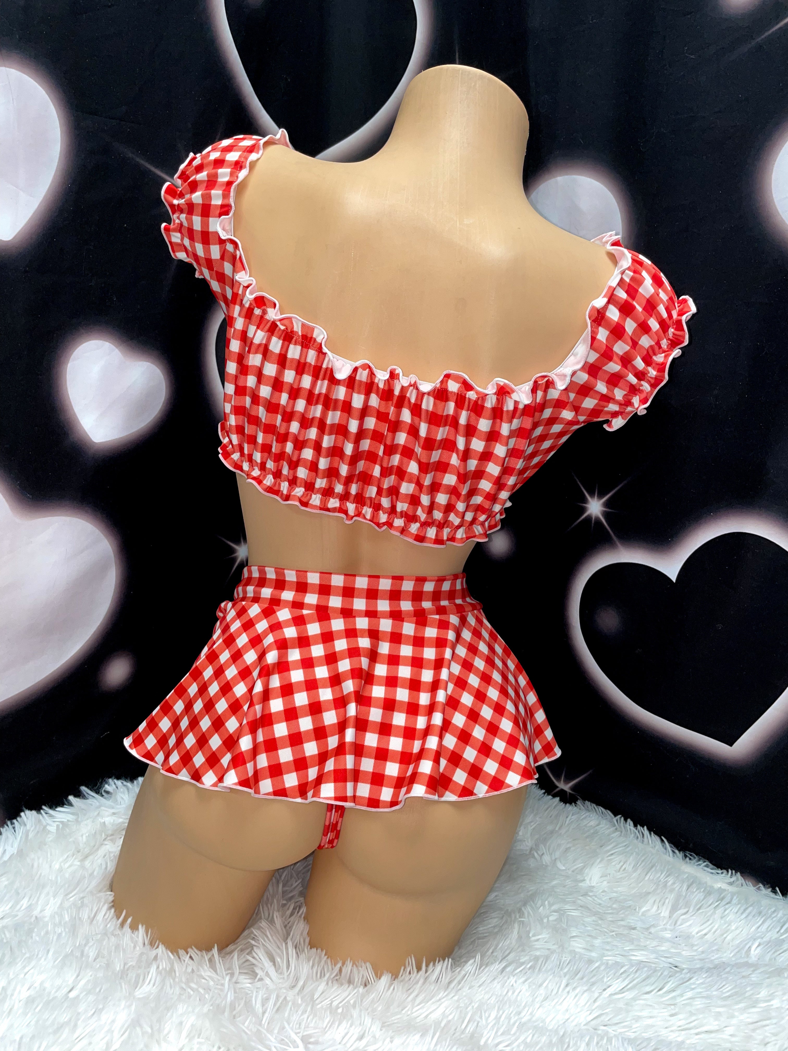 Red gingham ruffle skirt set