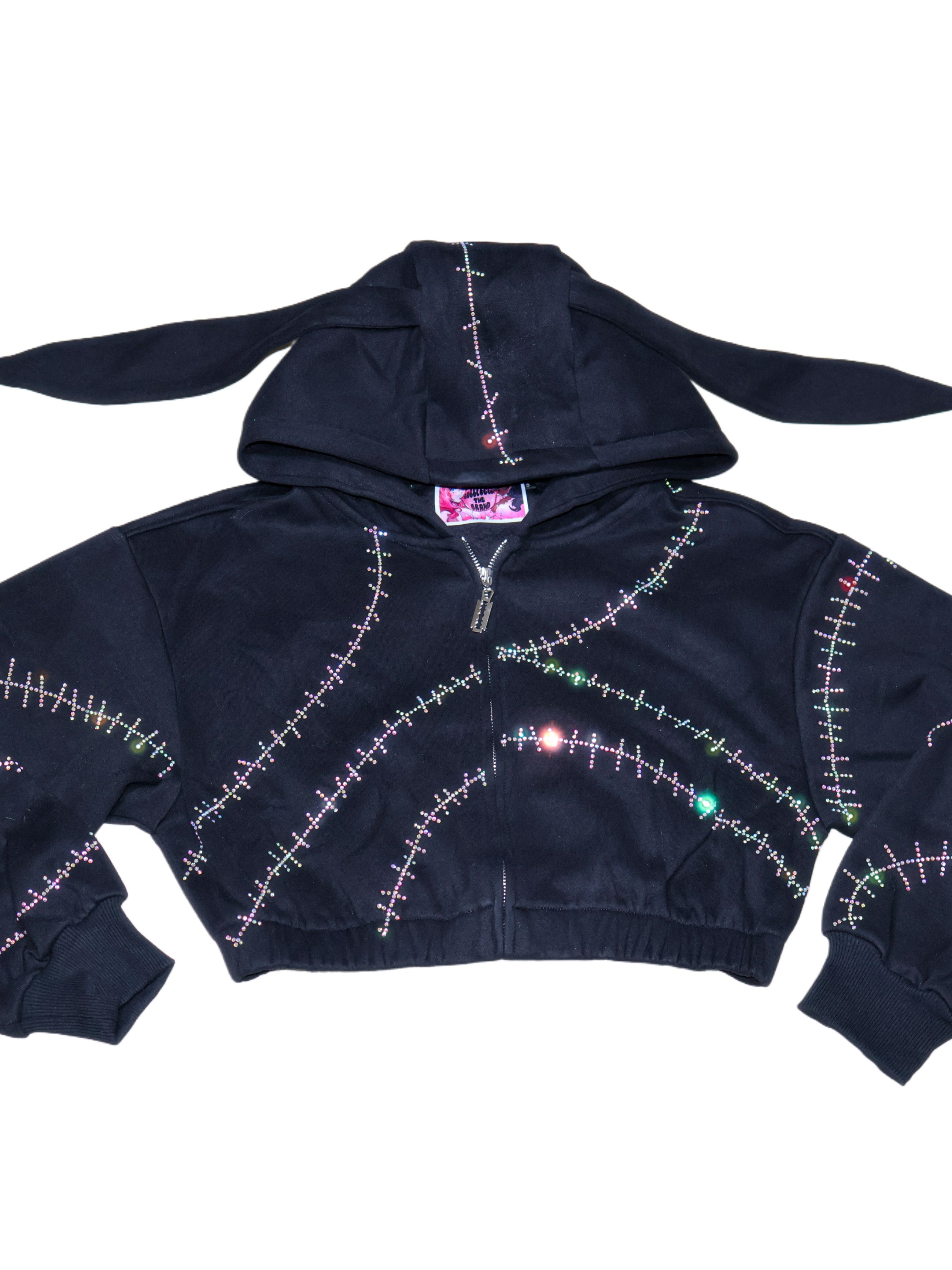 Rhinestone stitches bunny ears crop hoodie