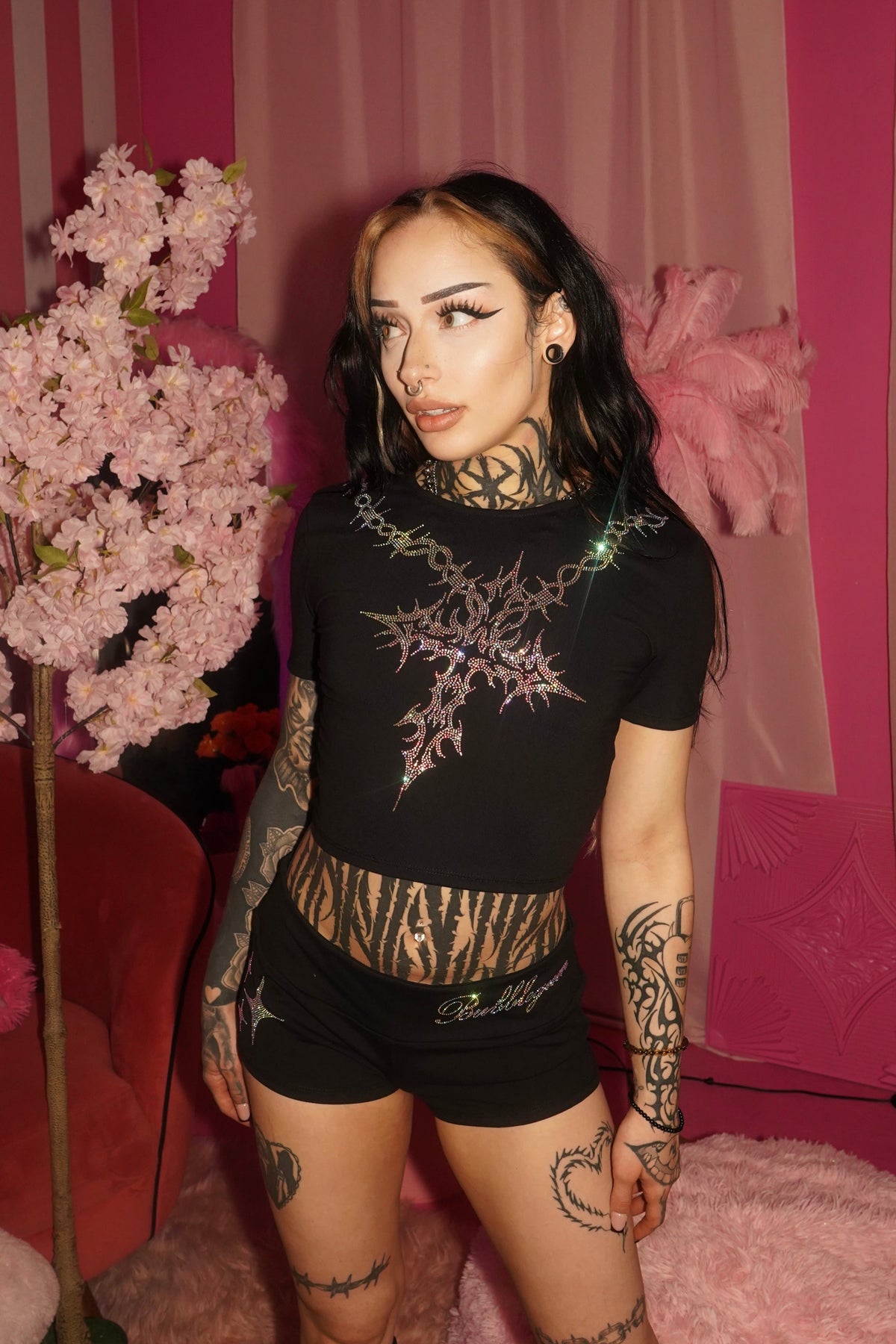 Barbed wire cross rhinestone crop top: buttery-soft stretch crop top with an exclusive rhinestone design.