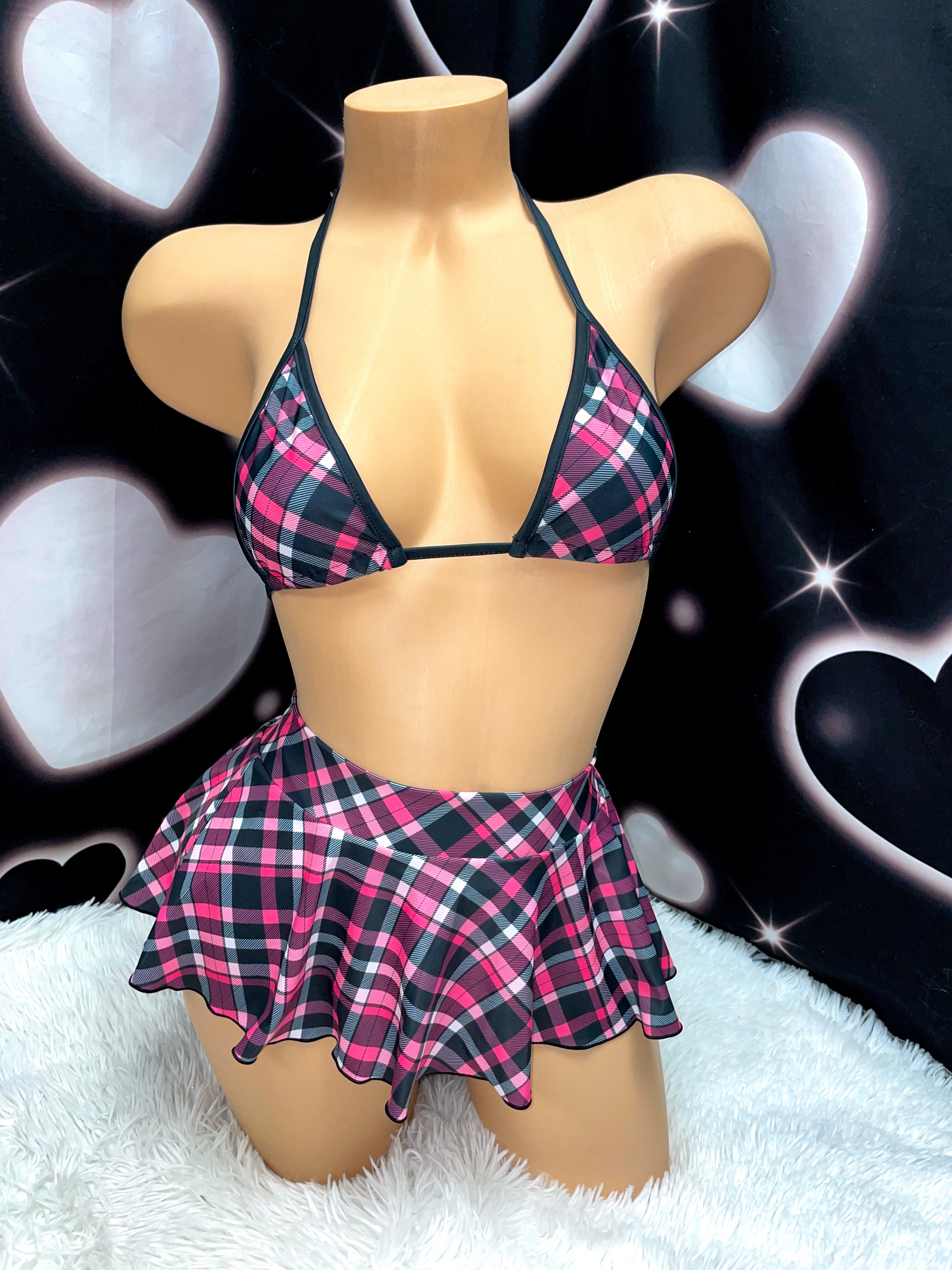 Pink plaid skirt set