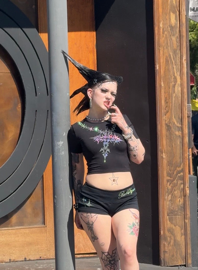 Barbed wire cross rhinestone crop top