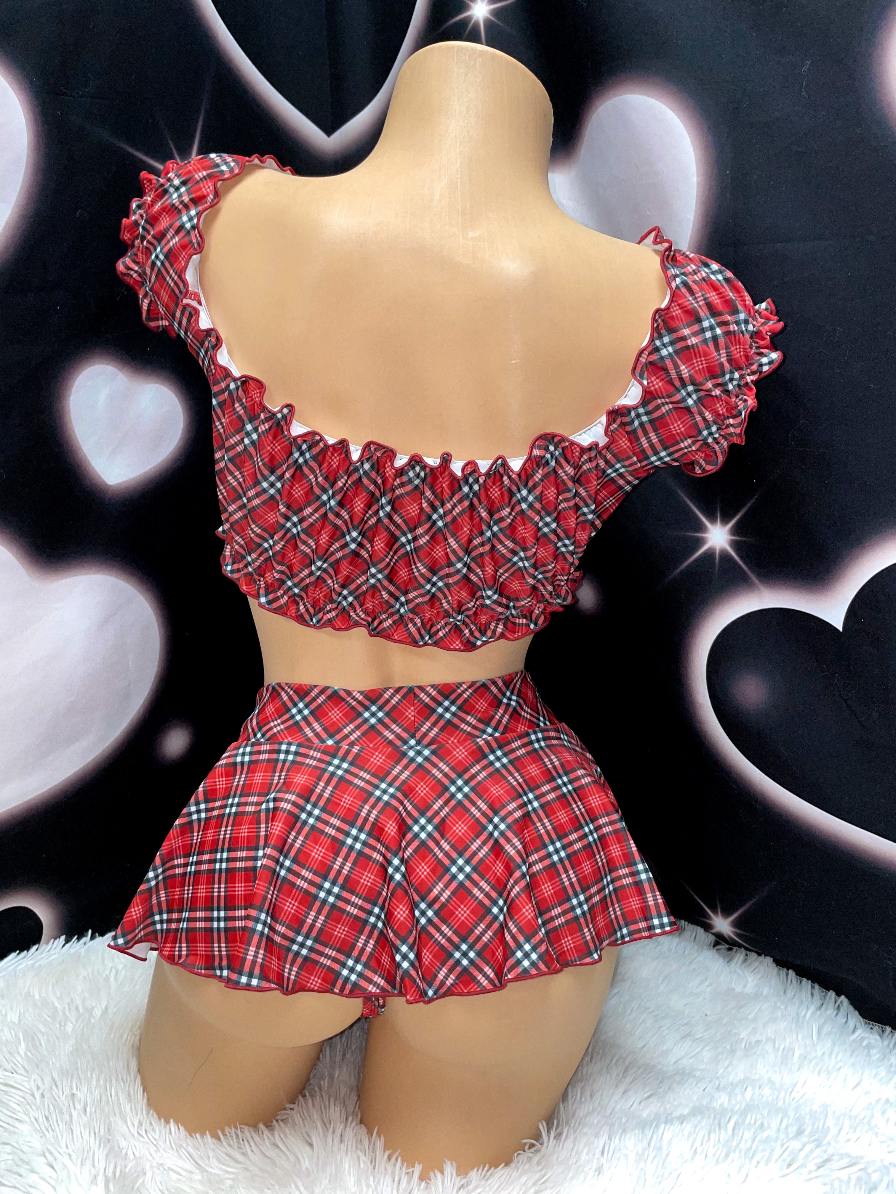 Red plaid ruffle skirt set