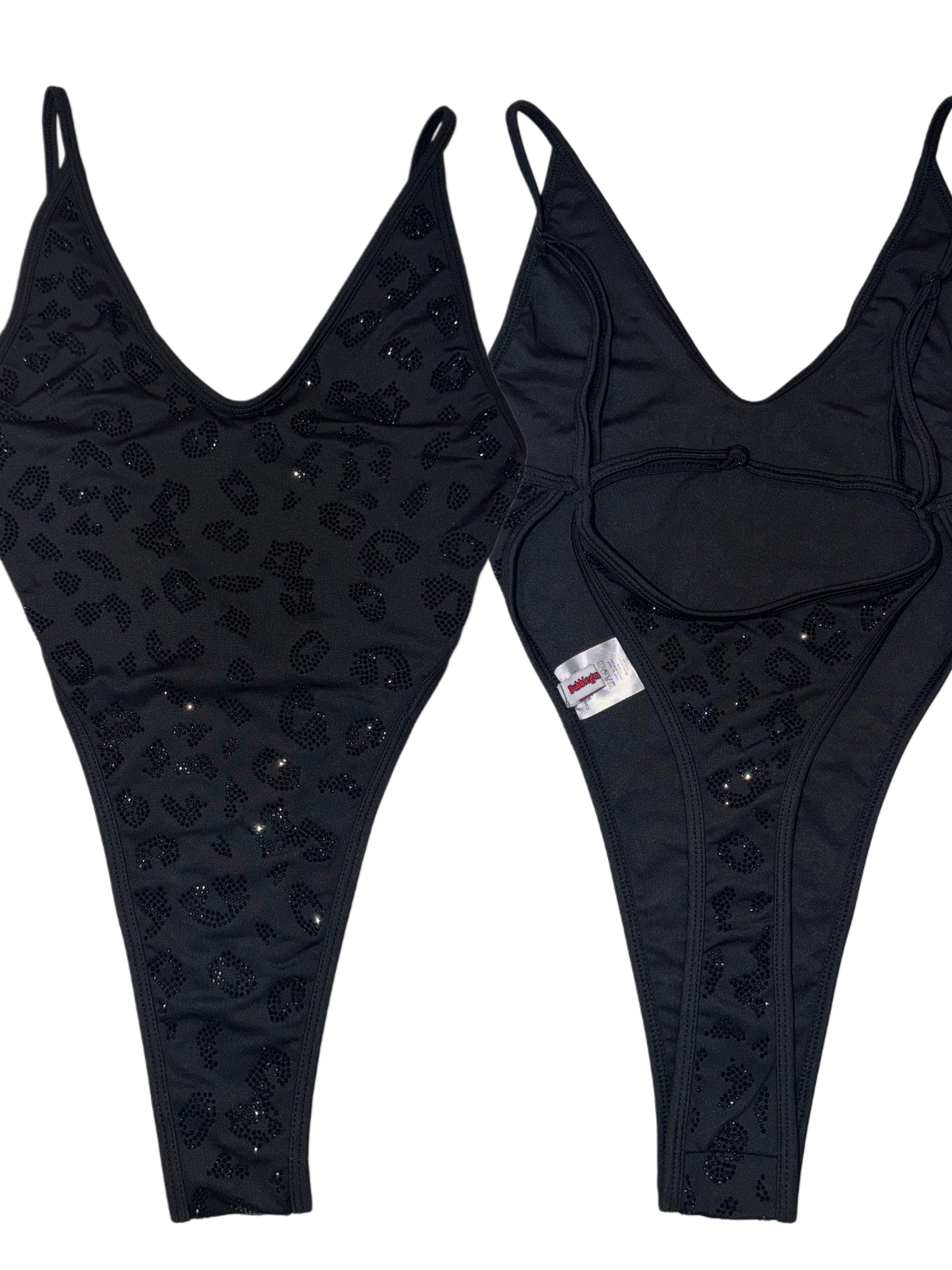 Black leopard rhinestone one piece – Bubblegum The Brand