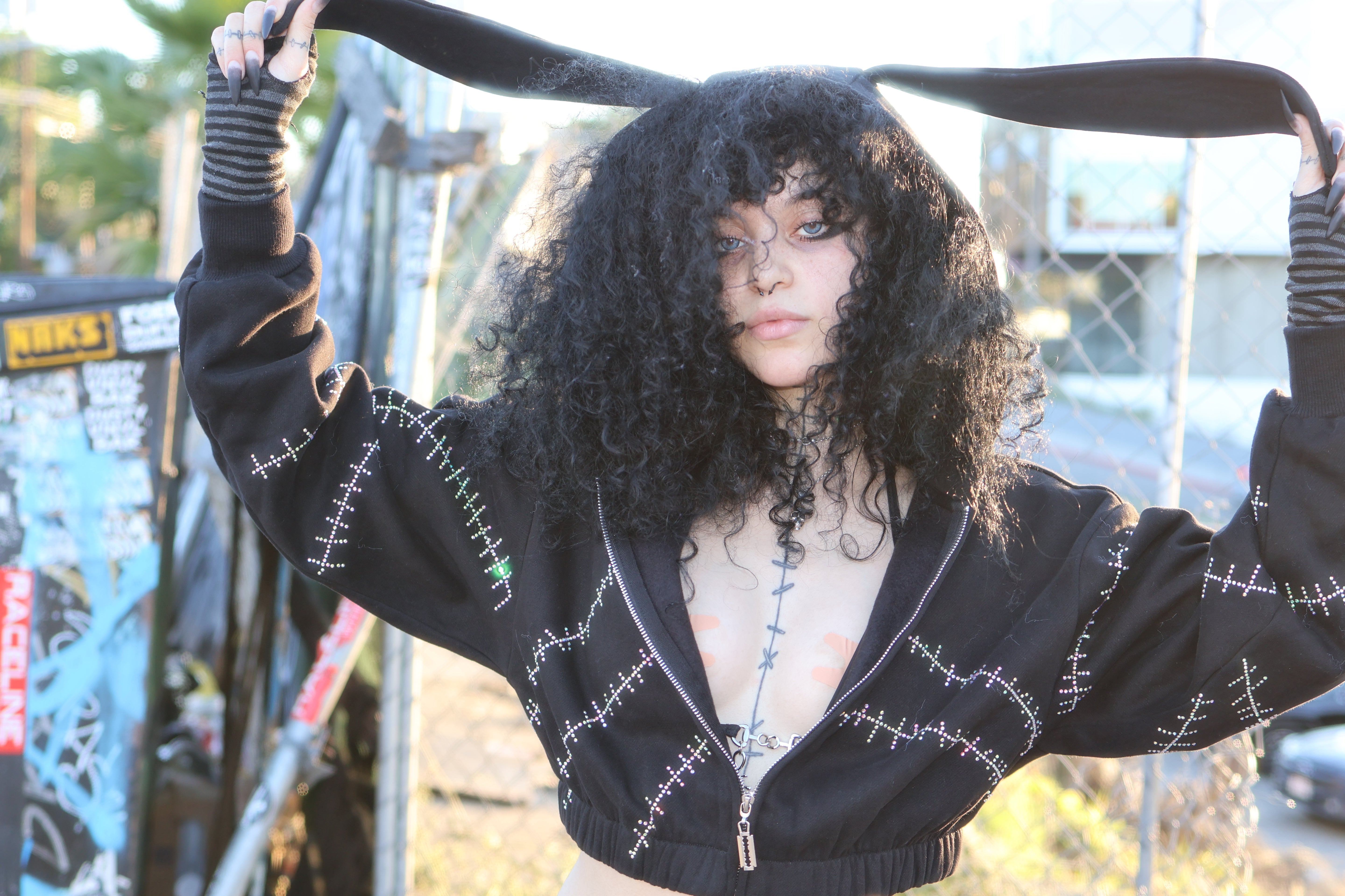 Rhinestone stitches bunny ears crop hoodie